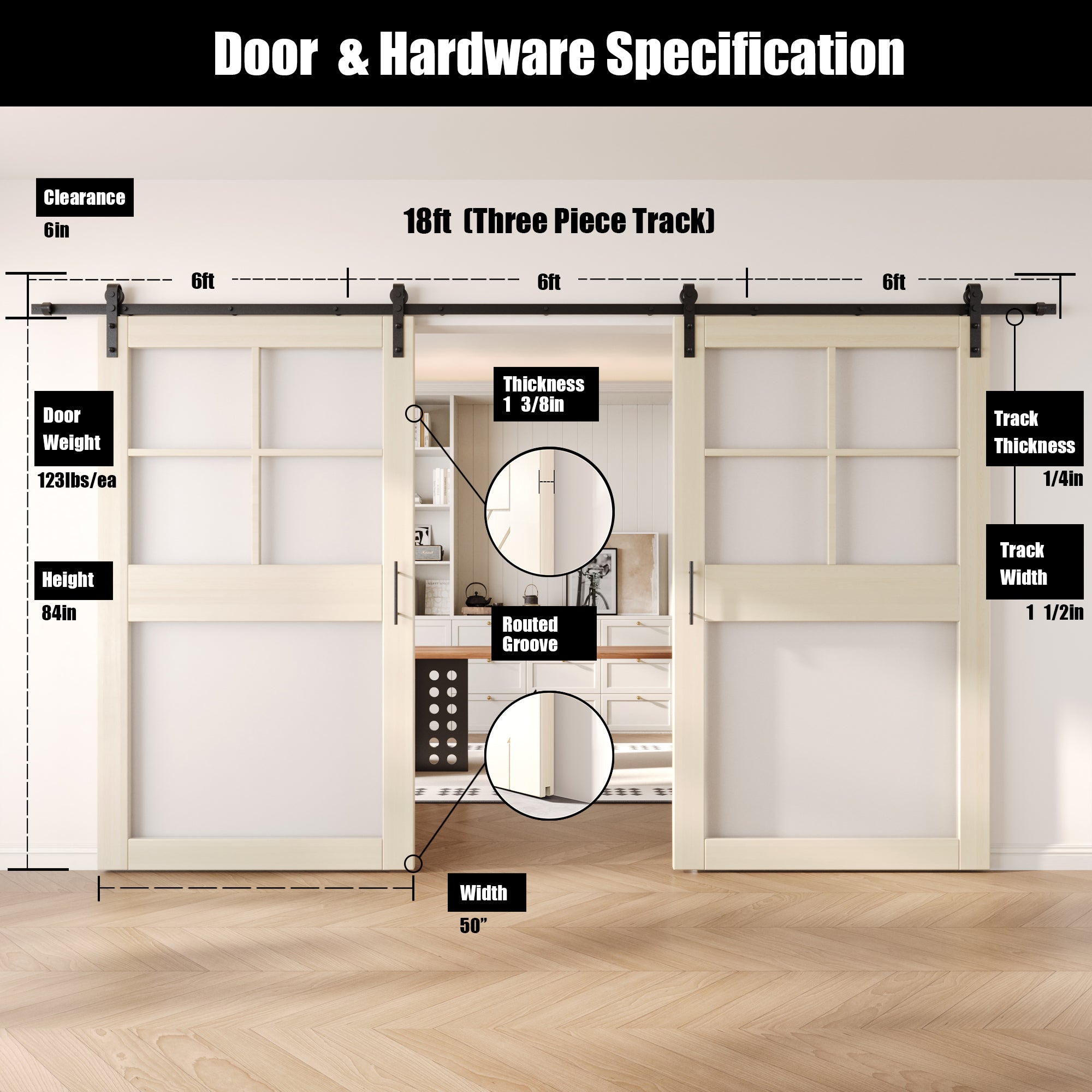 84" Height Tinsmith Gray 5-Lite Frosted Glass Double Unassembled & Finished Pine Wood Barn Doors with Non-Bypass Installation Hardware Kit (Interior Use Only)