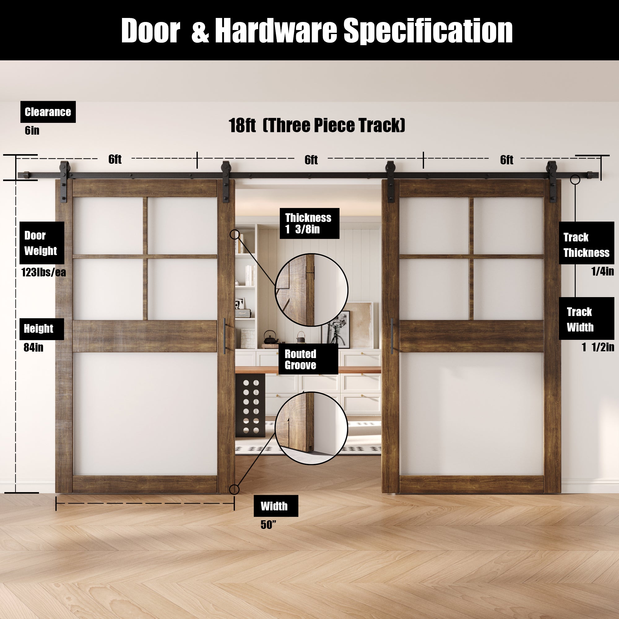 84" Height Dark Walnut 5-Lite Frosted Glass Double Unassembled & Finished Pine Wood Barn Doors with Non-Bypass Installation Hardware Kit (Interior Use Only)