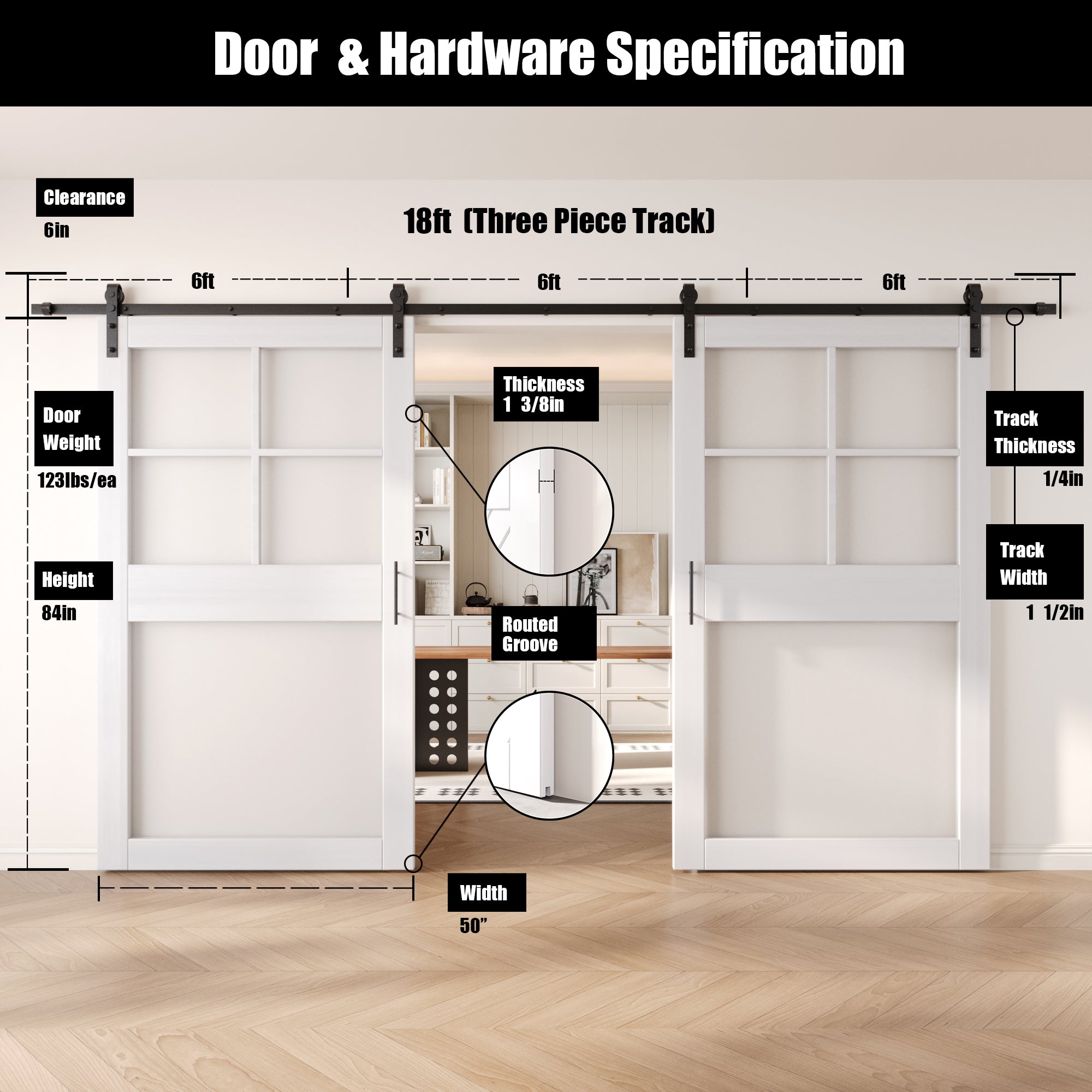 84" Height White 5-Lite Frosted Glass Double Unassembled & Finished Pine Wood Barn Doors with Non-Bypass Installation Hardware Kit (Interior Use Only)