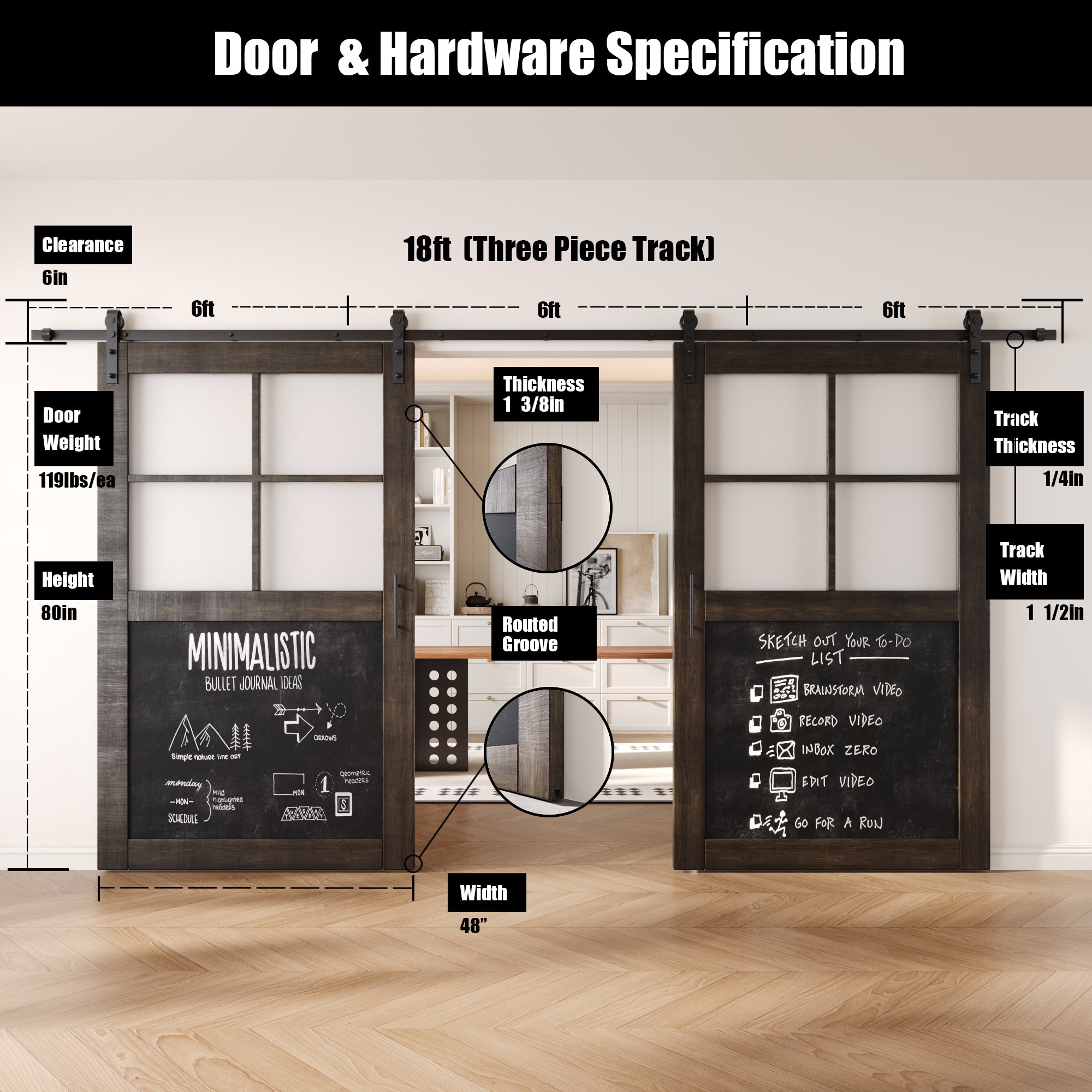80" Height Half Lite Ebony Chalkboard Double Unassembled & Finished Pine Wood Barn Doors with Non-Bypass Installation Hardware Kit (Interior Use Only)
