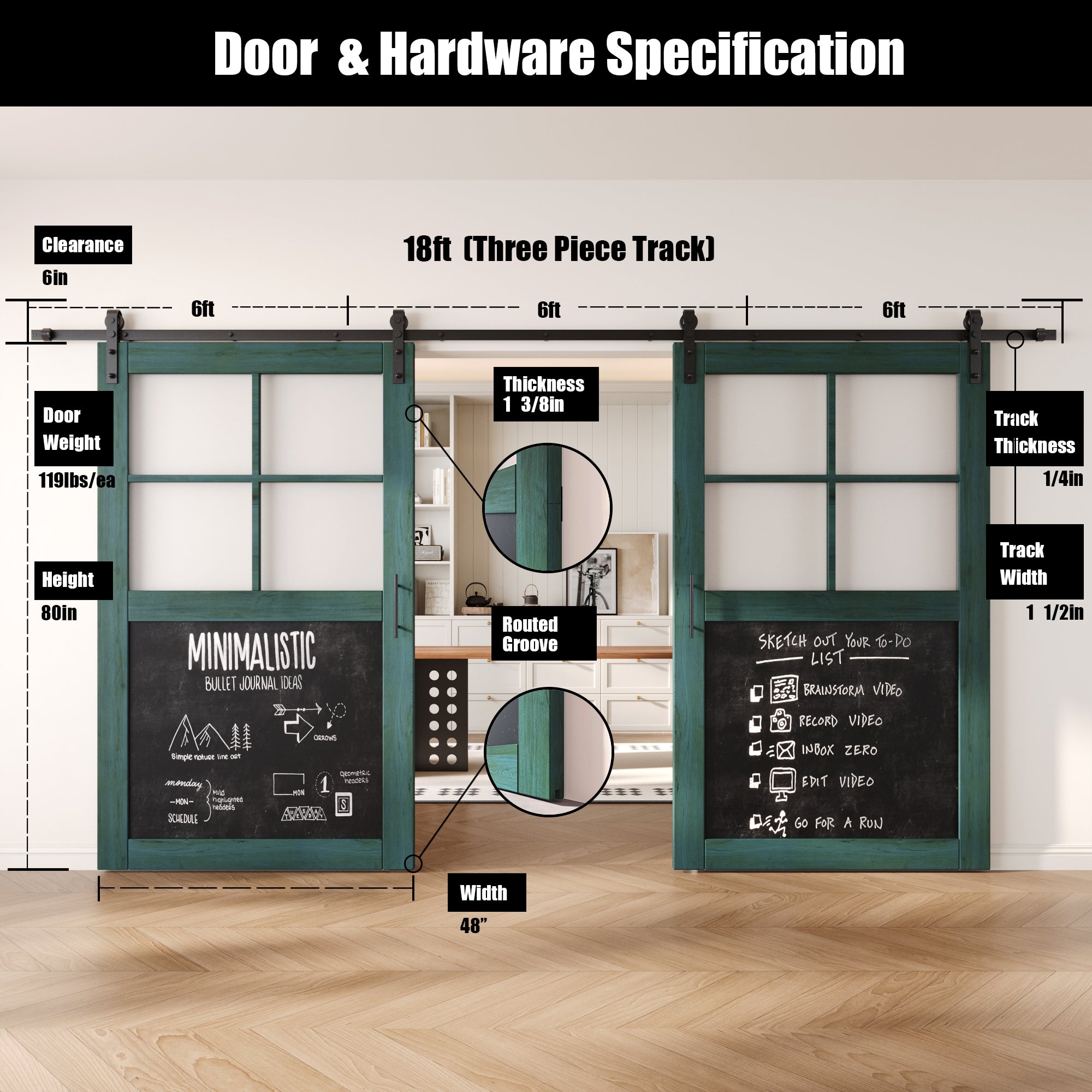 80" Height Half Lite Royal Pine Chalkboard Double Unassembled & Finished Pine Wood Barn Doors with Non-Bypass Installation Hardware Kit (Interior Use Only)