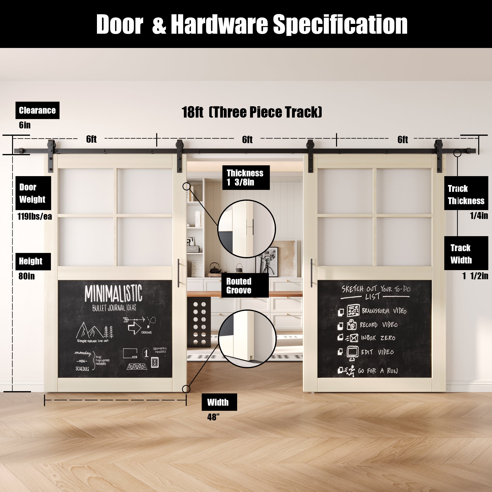 80" Height Half Lite Tinsmith Gray Chalkboard Double Unassembled & Finished Pine Wood Barn Doors with Non-Bypass Installation Hardware Kit (Interior Use Only)