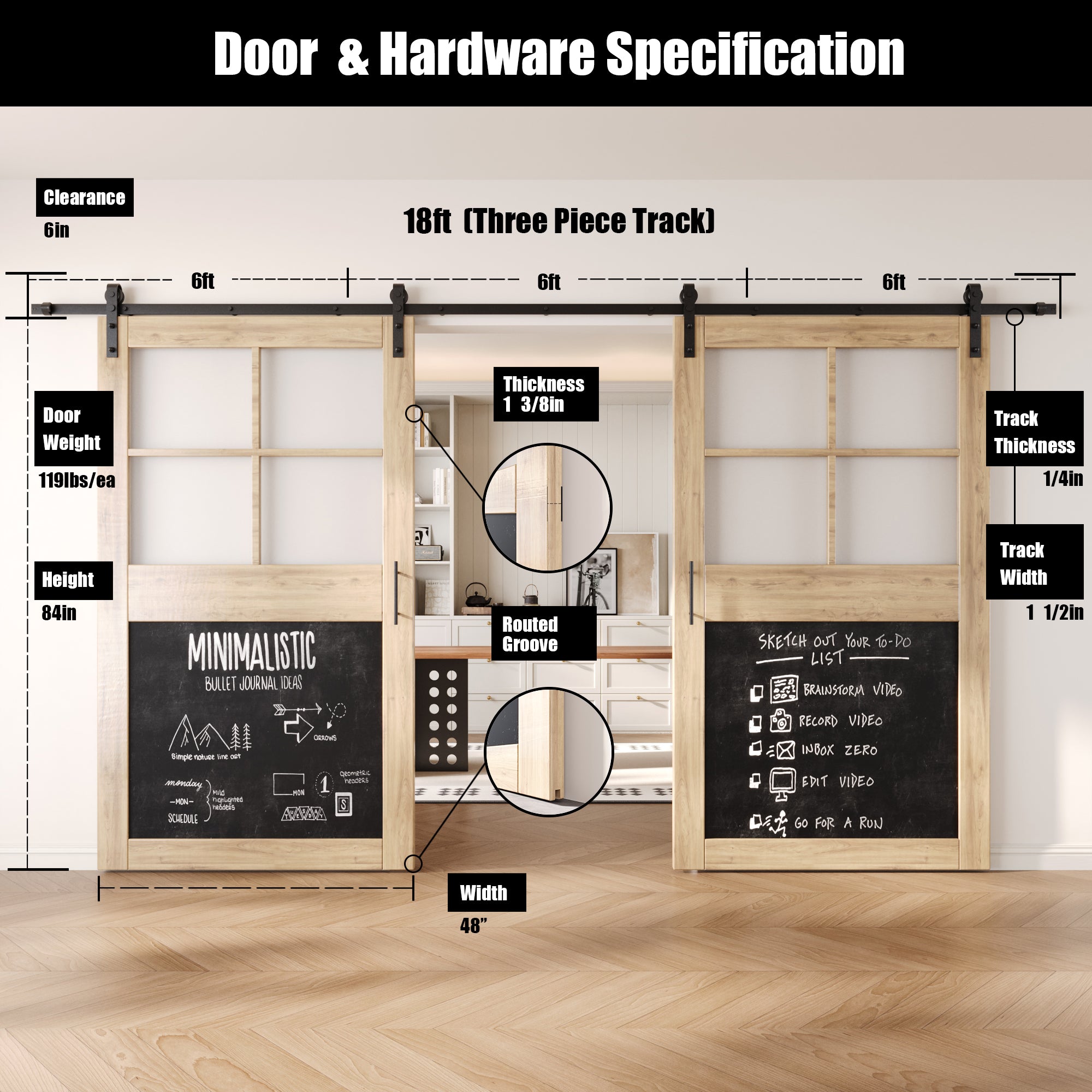 84" Height Half Lite Chalkboard Double Unassembled & Unfinished Pine Wood Barn Doors with Non-Bypass Installation Hardware Kit (Interior Use Only)