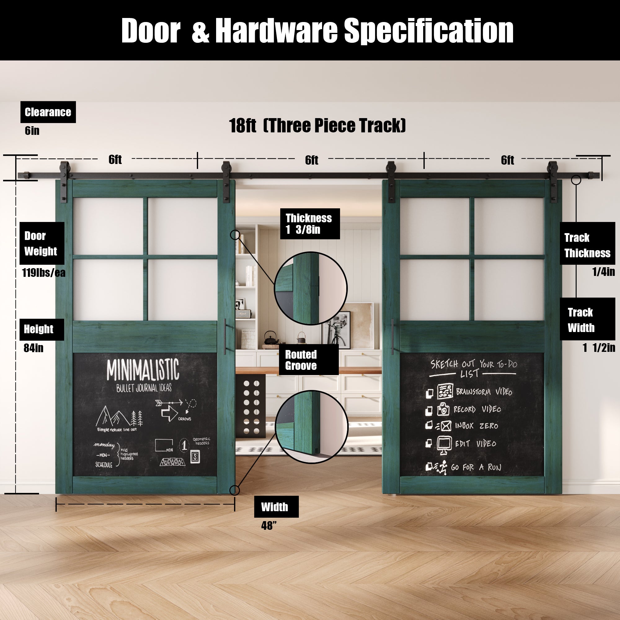 84" Height Royal Pine Half Lite Chalkboard Double Unassembled & Finished Pine Wood Barn Doors with Non-Bypass Installation Hardware Kit (Interior Use Only)
