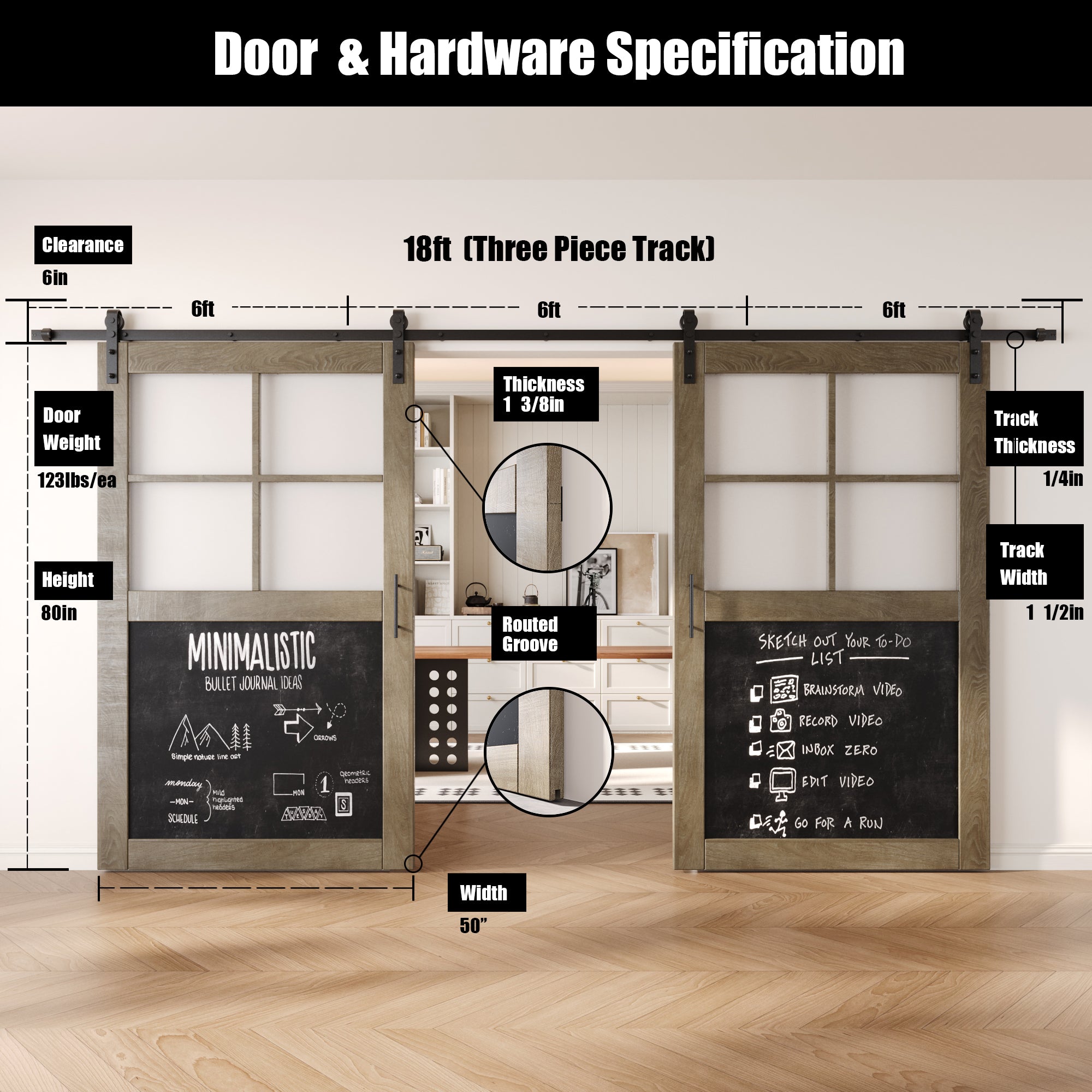 80" Height Classic Gray Half Lite Chalkboard Double Unassembled & Finished Pine Wood Barn Doors with Non-Bypass Installation Hardware Kit (Interior Use Only)