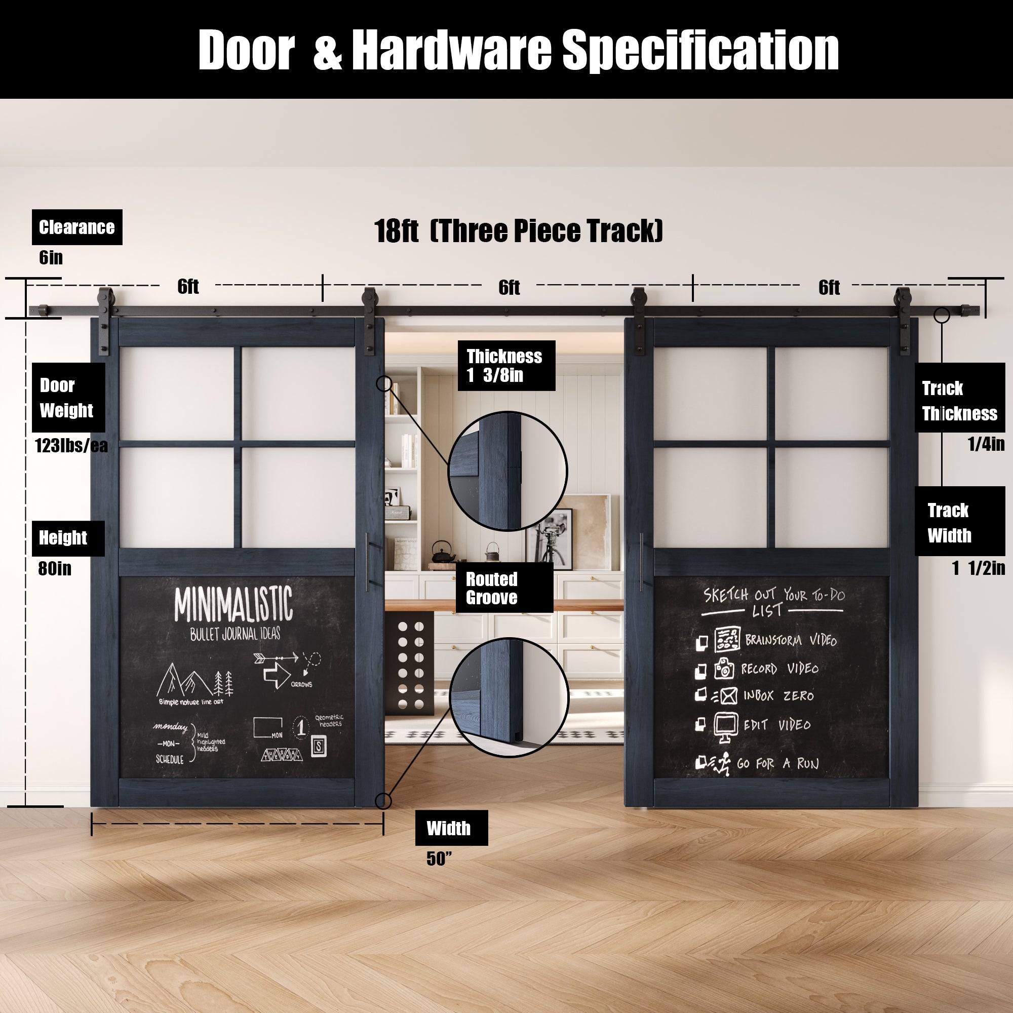 80" Height Half Lite Navy Chalkboard Double Unassembled & Finished Pine Wood Barn Doors with Non-Bypass Installation Hardware Kit (Interior Use Only)