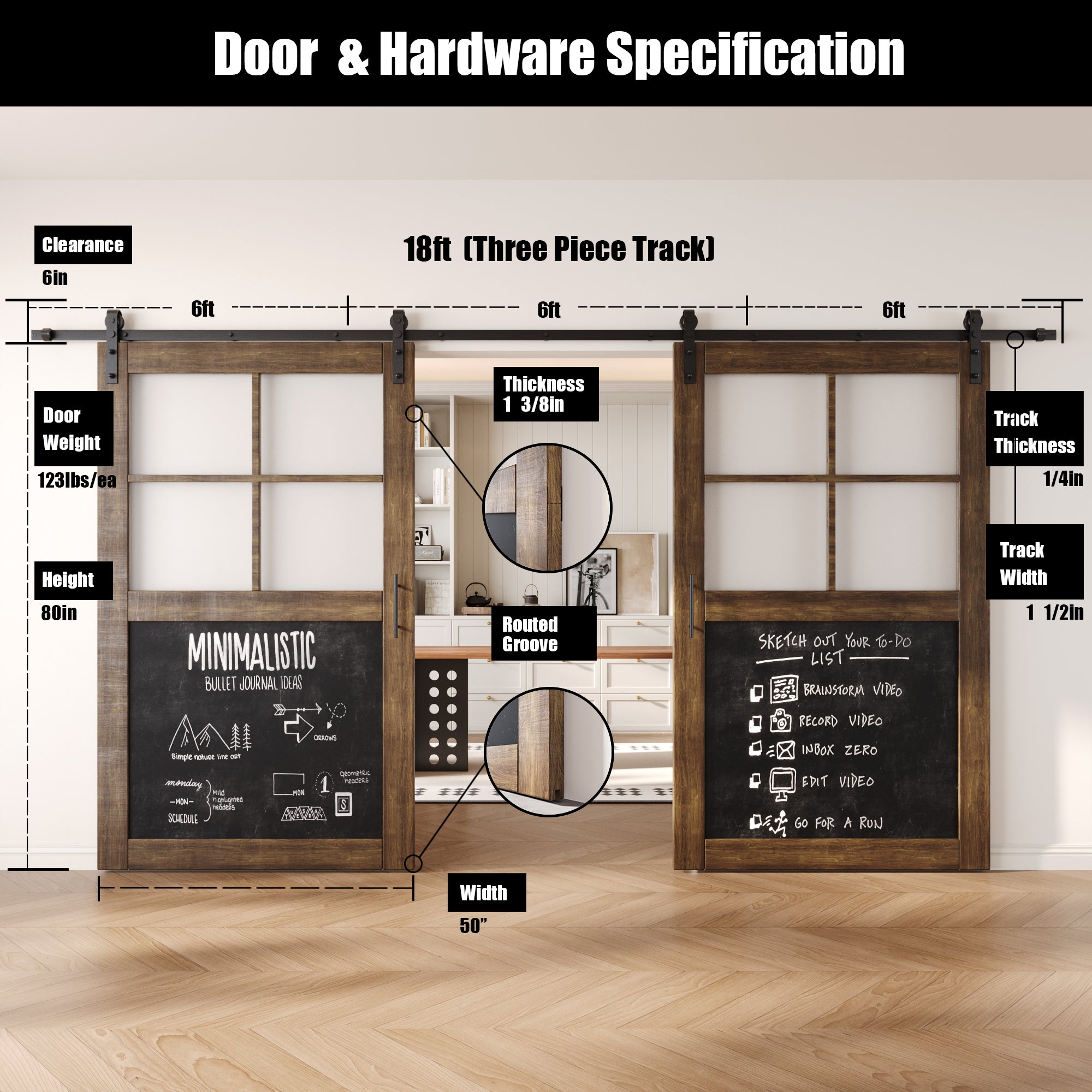 80" Height Dark Walnut Half Lite Chalkboard Double Unassembled & Finished Pine Wood Barn Doors with Non-Bypass Installation Hardware Kit (Interior Use Only)