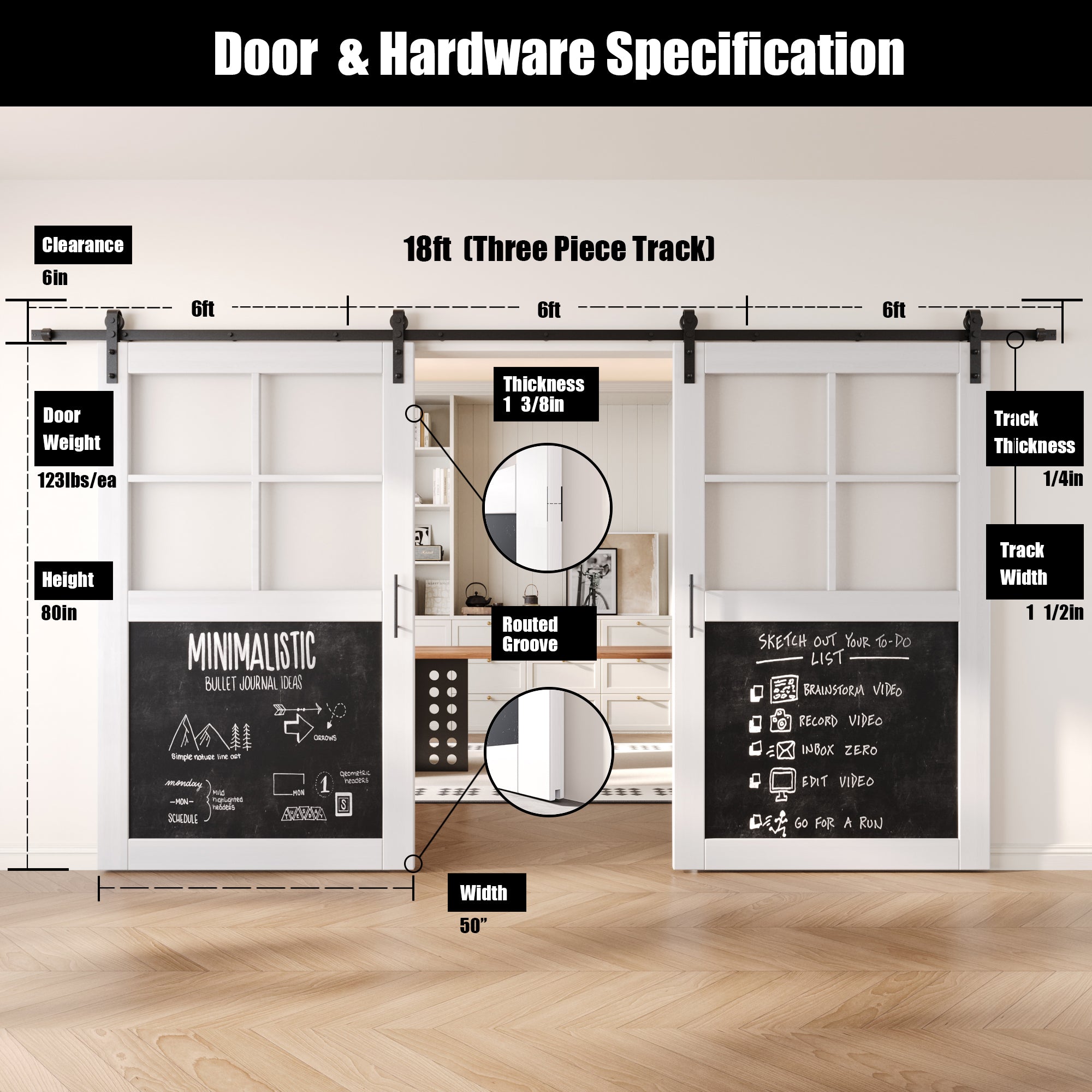 80" Height Half Lite White Chalkboard Double Unassembled & Finished Pine Wood Barn Doors with Non-Bypass Installation Hardware Kit (Interior Use Only)