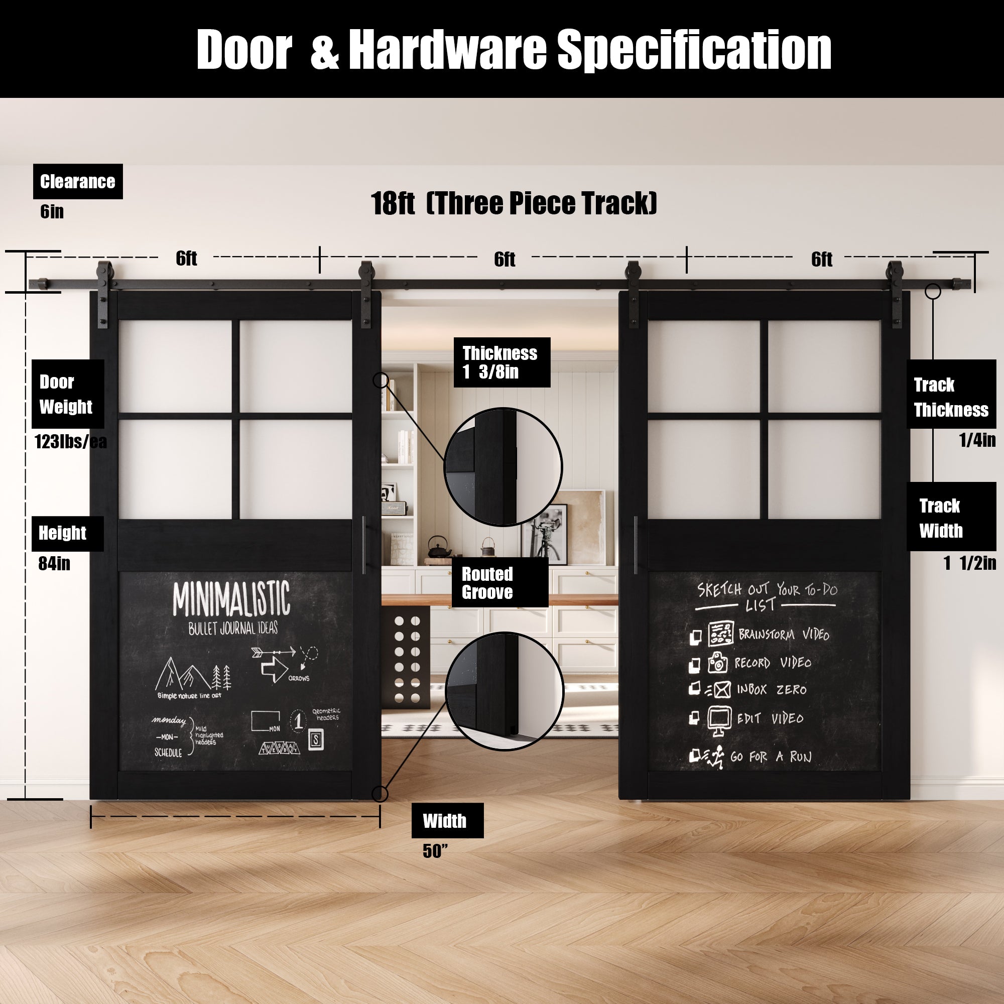 84" Height Black Half Lite Chalkboard Double Unassembled & Finished Pine Wood Barn Doors with Non-Bypass Installation Hardware Kit (Interior Use Only)