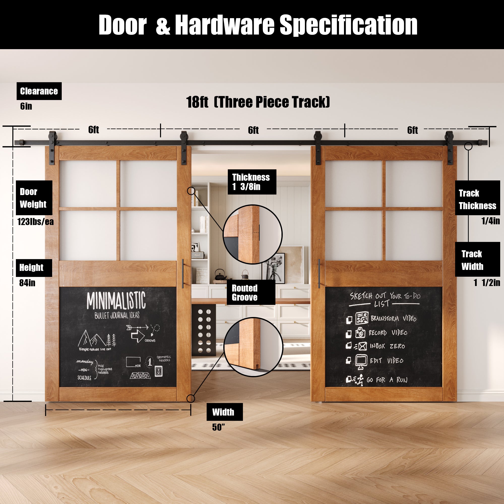 84" Height Early American Half Lite Chalkboard Double Unassembled & Finished Pine Wood Barn Doors with Non-Bypass Installation Hardware Kit (Interior Use Only)