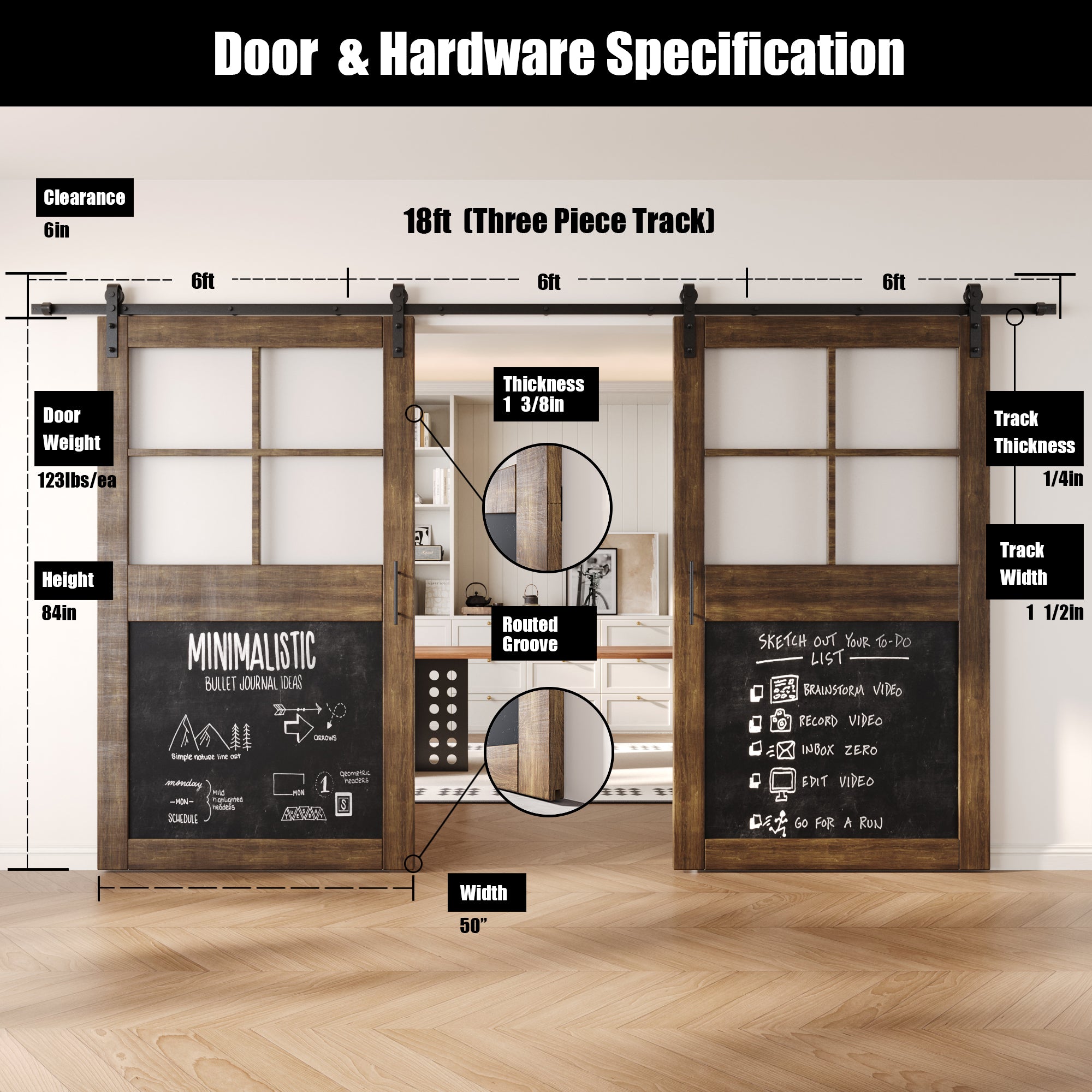 84" Height Dark Walnut Half Lite Chalkboard Double Unassembled & Finished Pine Wood Barn Doors with Non-Bypass Installation Hardware Kit (Interior Use Only)