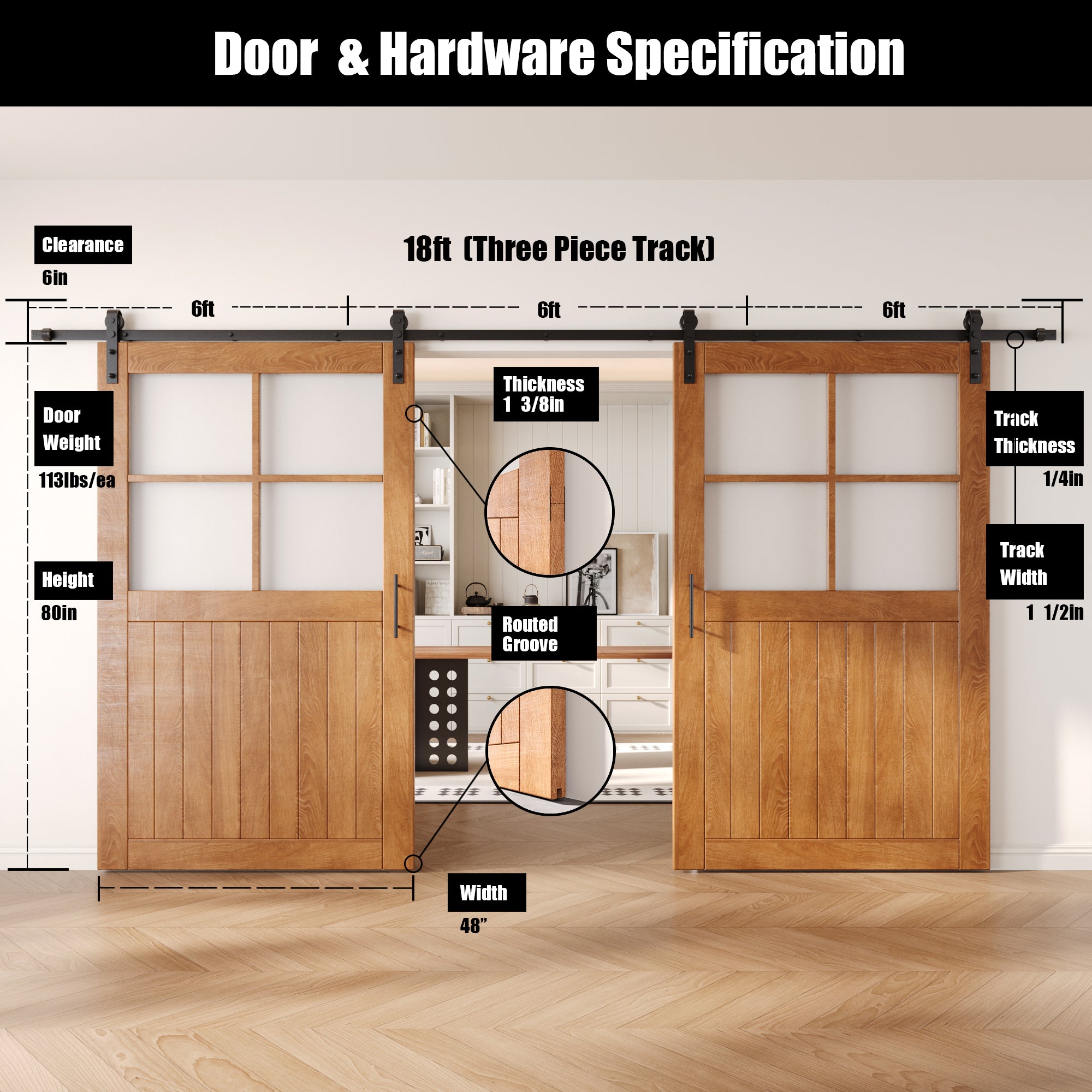 80" Height Early American Half Lite Grid Glass Double Unassembled & Finished Pine Wood Barn Doors with Non-Bypass Installation Hardware Kit (Interior Use Only)