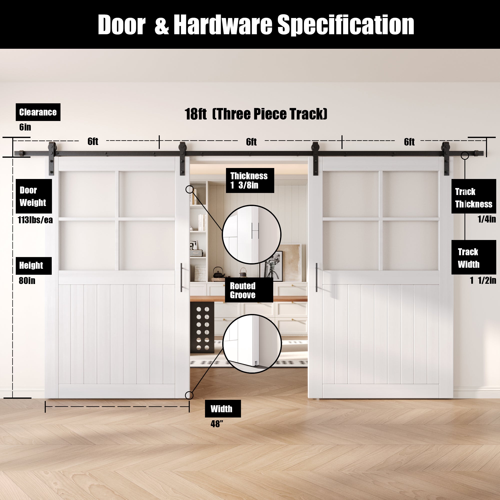 80" Height White Half Lite Grid Glass Double Unassembled & Finished Pine Wood Barn Doors with Non-Bypass Installation Hardware Kit (Interior Use Only)