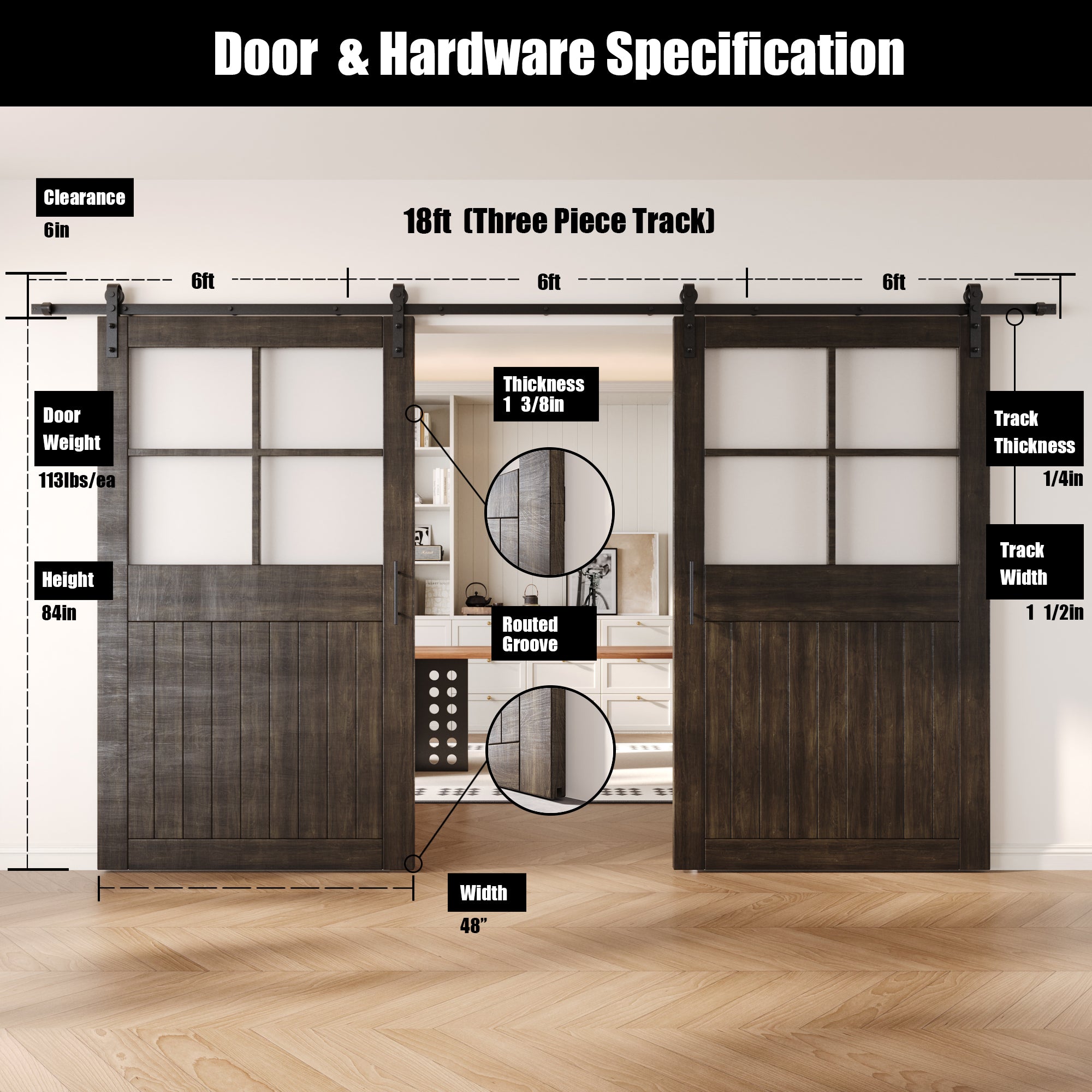 84" Height Ebony Half Lite Grid Glass Double Unassembled & Finished Pine Wood Barn Doors with Non-Bypass Installation Hardware Kit (Interior Use Only)