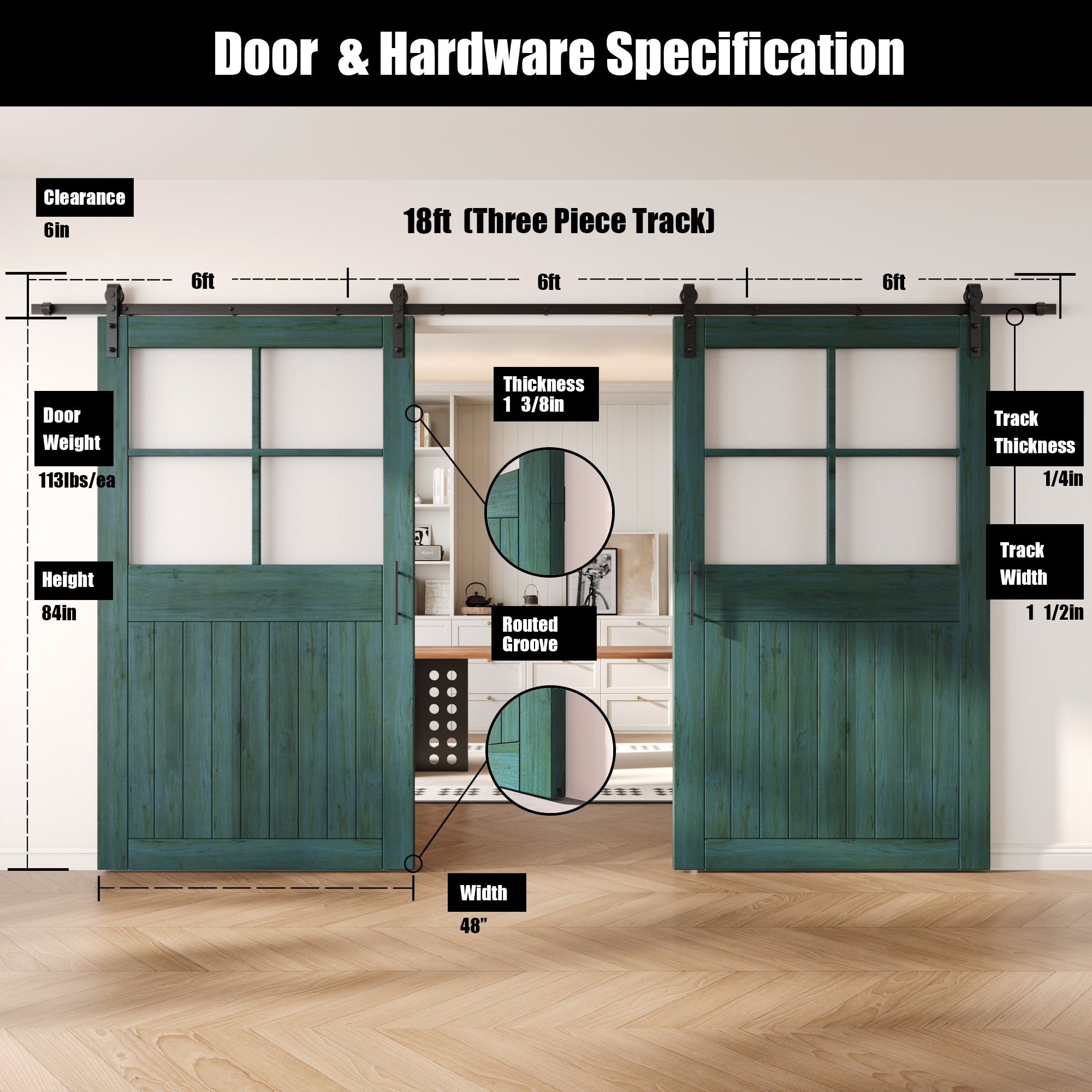84" Height Royal Pine Half Lite Grid Glass Double Unassembled & Finished Pine Wood Barn Doors with Non-Bypass Installation Hardware Kit (Interior Use Only)
