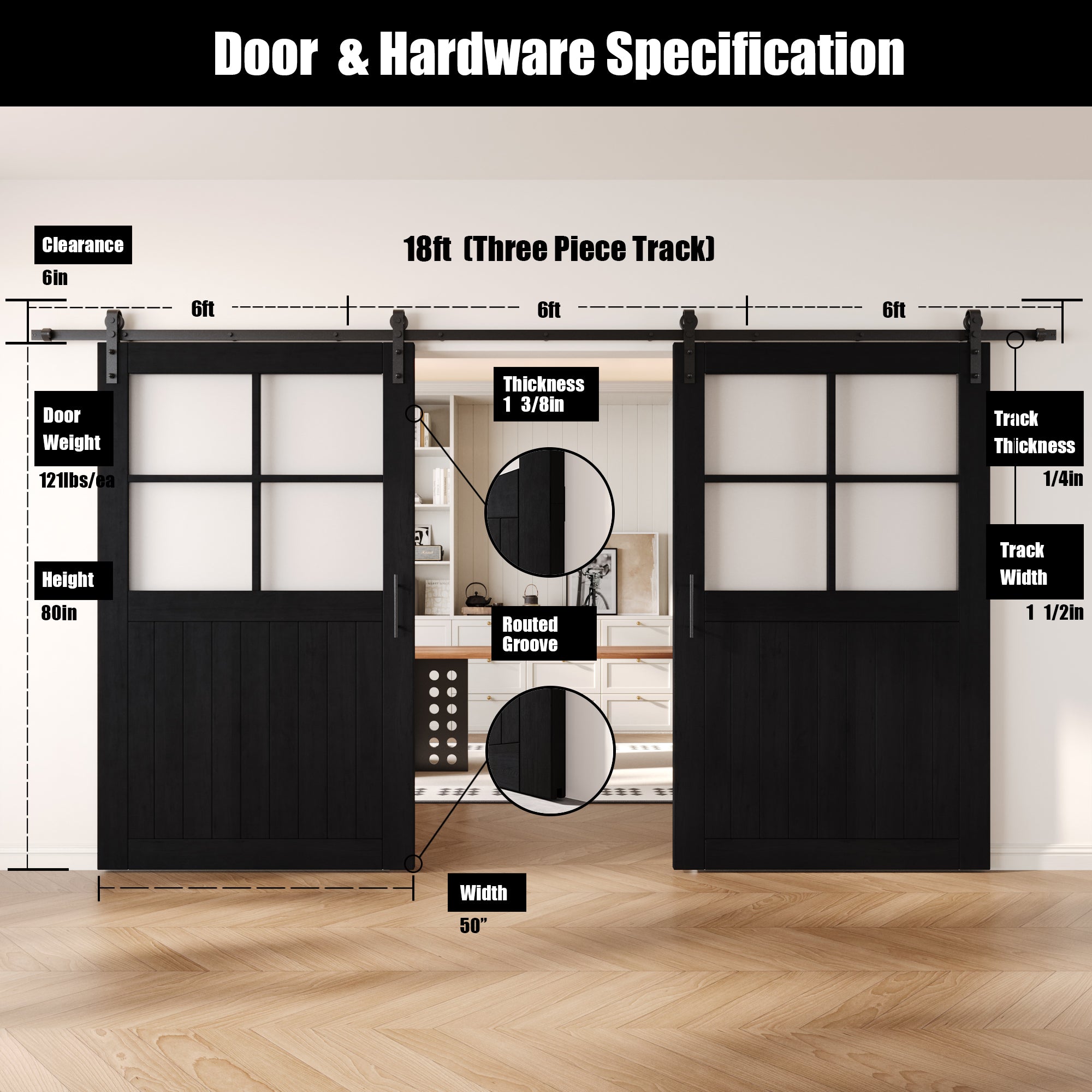 80" Height Black Half Lite Grid Glass Double Unassembled & Finished Pine Wood Barn Doors with Non-Bypass Installation Hardware Kit (Interior Use Only)
