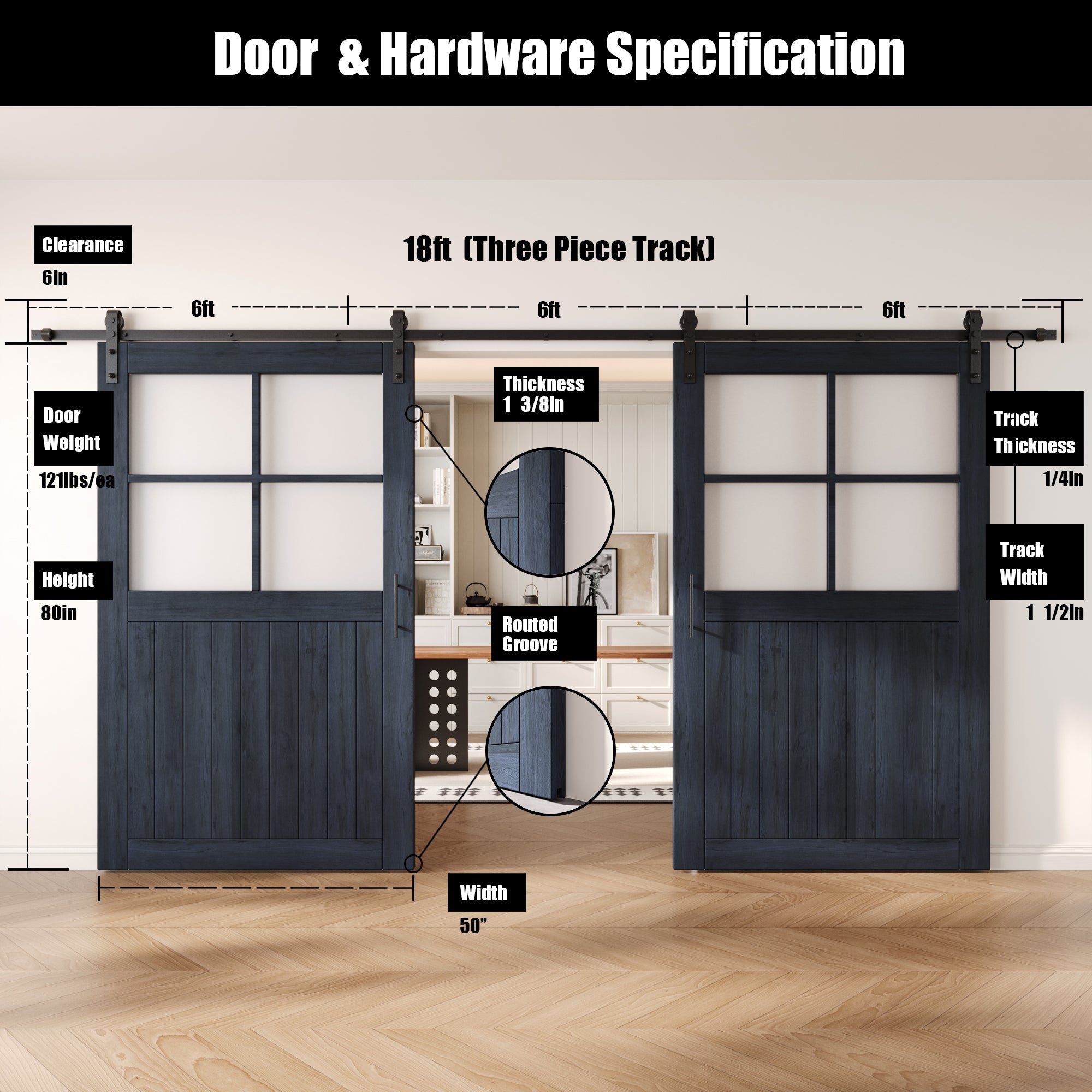 80" Height Navy Half Lite Grid Glass Double Unassembled & Finished Pine Wood Barn Doors with Non-Bypass Installation Hardware Kit (Interior Use Only)