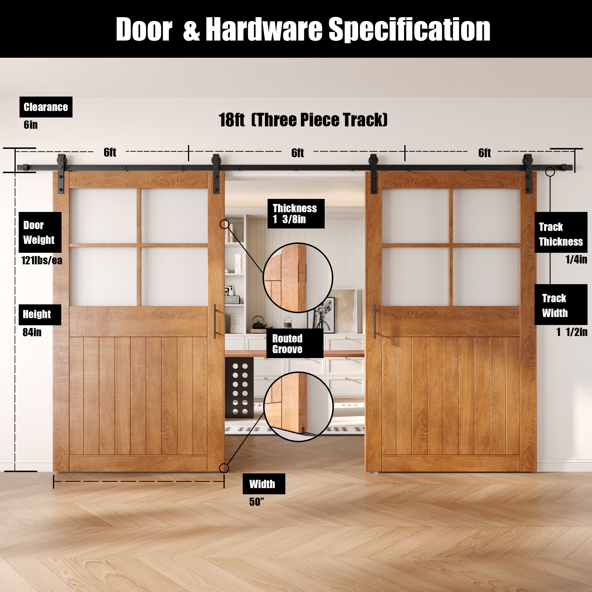 84" Height Early American Half Lite Grid Glass Double Unassembled & Finished Pine Wood Barn Doors with Non-Bypass Installation Hardware Kit (Interior Use Only)