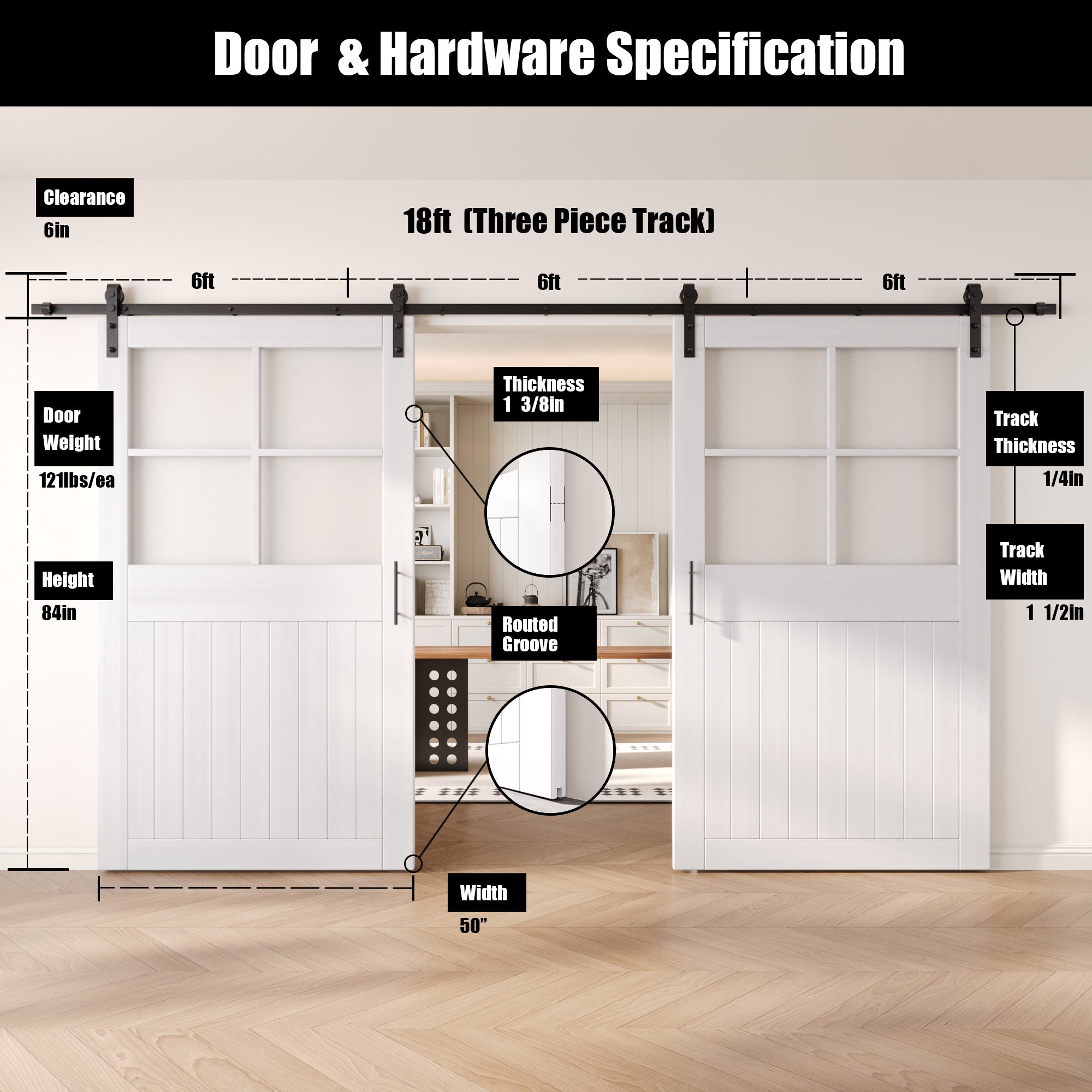 84" Height White Half Lite Grid Glass Double Unassembled & Finished Pine Wood Barn Doors with Non-Bypass Installation Hardware Kit (Interior Use Only)