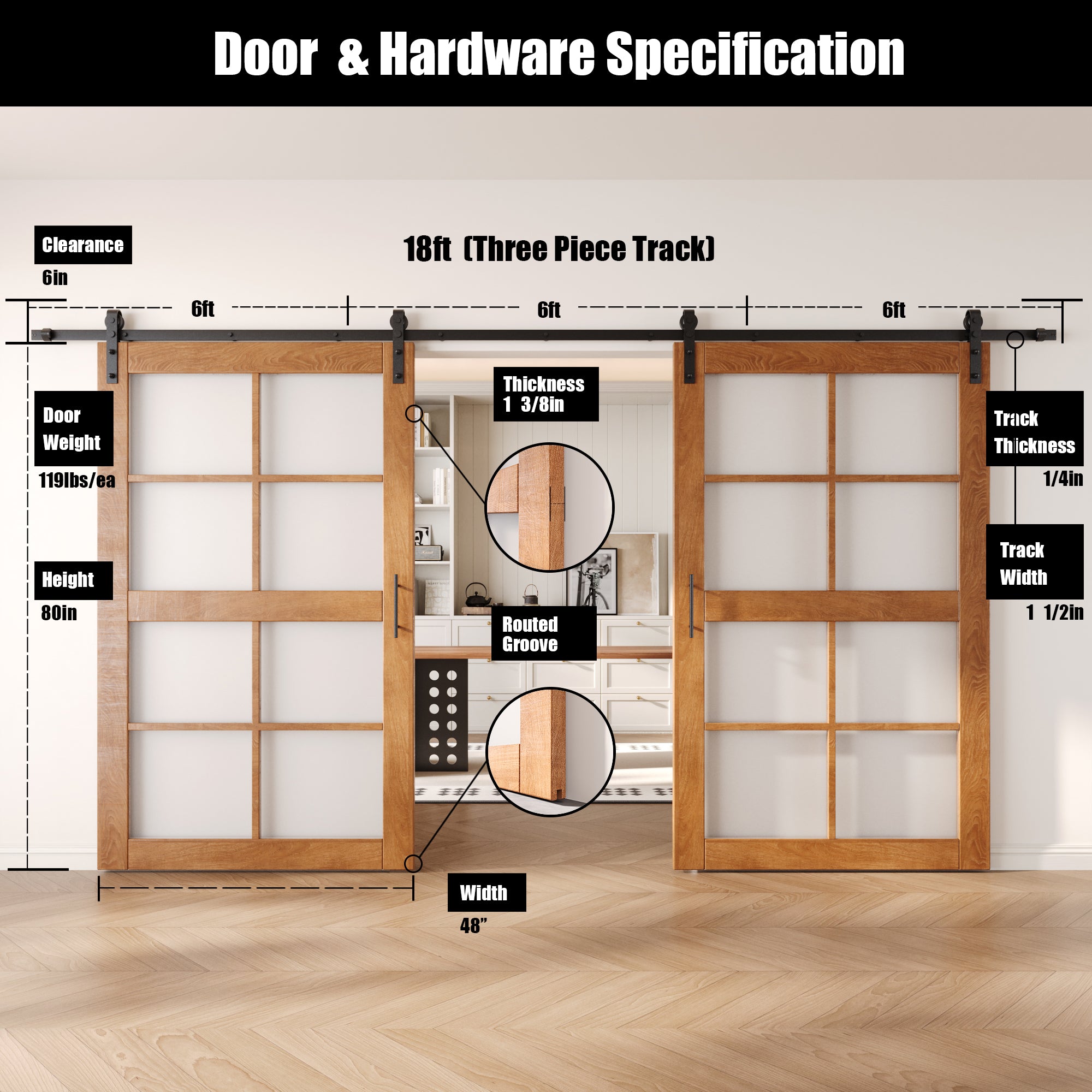 80" Height Early American 8-Lite Frosted Glass Double Unassembled & Finished Pine Wood Barn Doors with Non-Bypass Installation Hardware Kit (Interior Use Only)