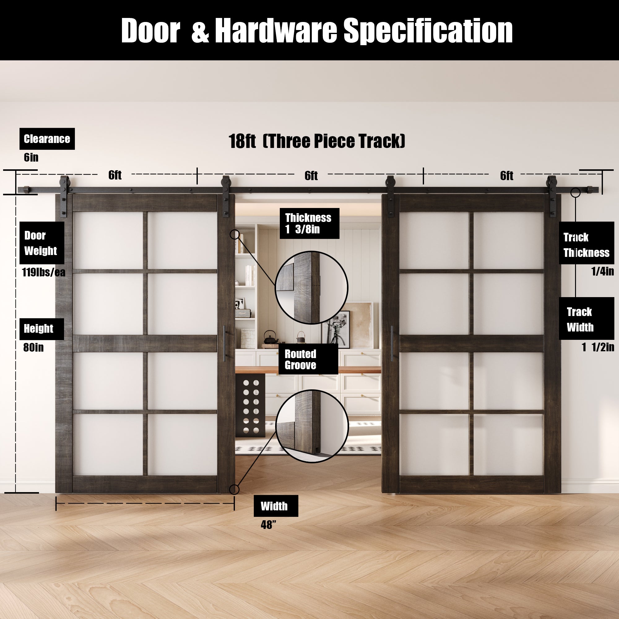 80" Height Ebony 8-Lite Frosted Glass Double Unassembled & Finished Pine Wood Barn Doors with Non-Bypass Installation Hardware Kit (Interior Use Only)