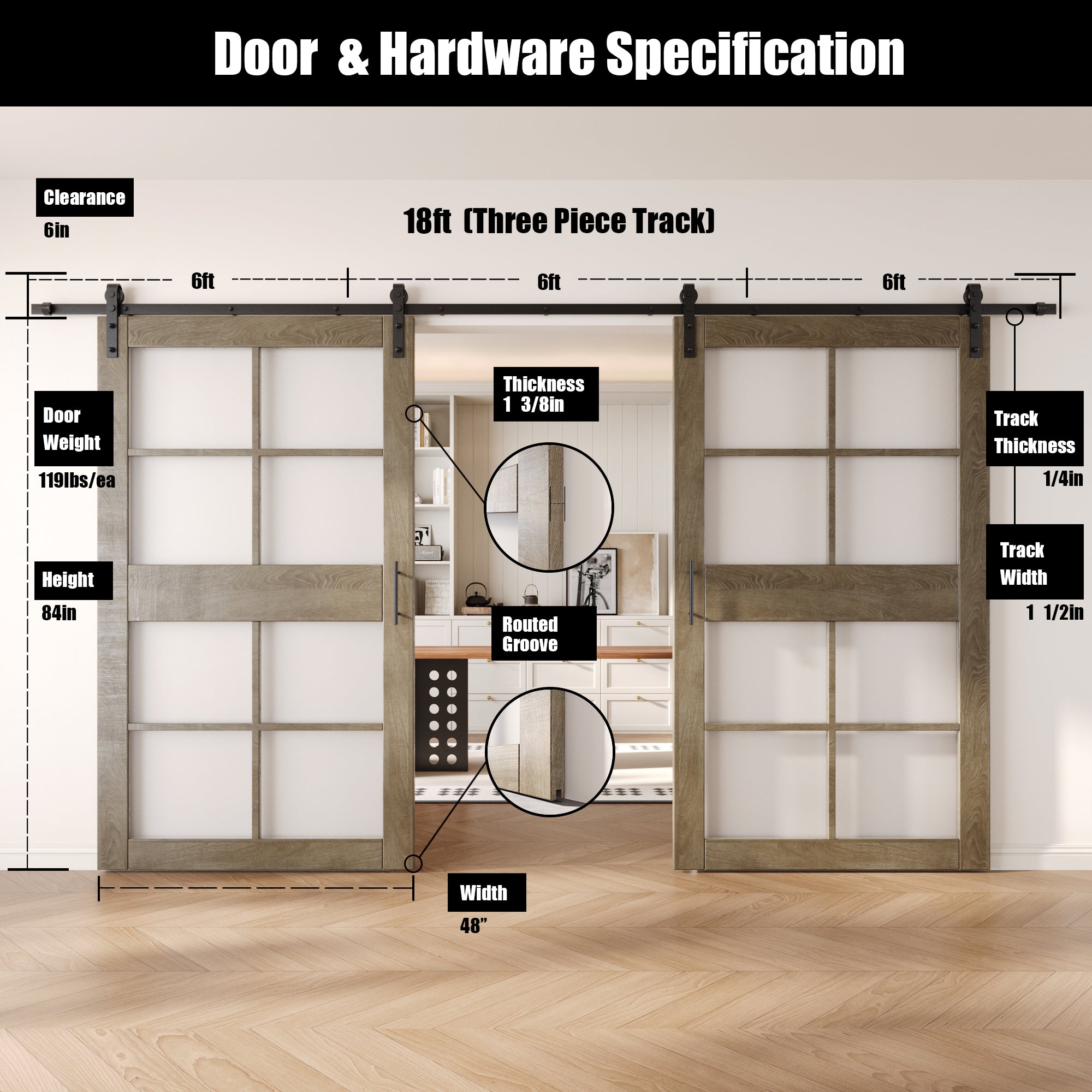 84" Height Classic Gray 8-Lite Frosted Glass Double Unassembled & Finished Pine Wood Barn Doors with Non-Bypass Installation Hardware Kit (Interior Use Only)