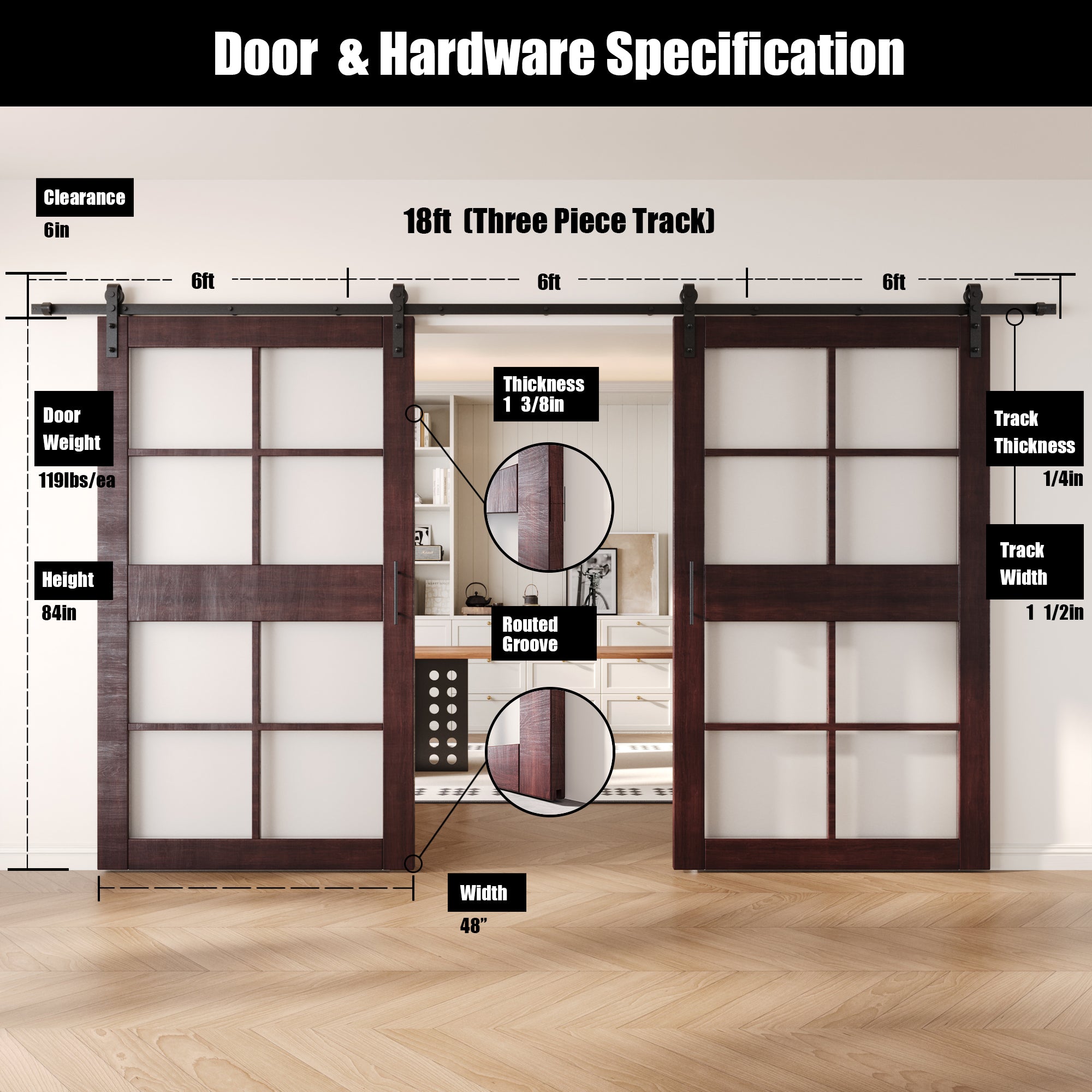 84" Height Red Mahogany 8-Lite Frosted Glass Double Unassembled & Finished Pine Wood Barn Doors with Non-Bypass Installation Hardware Kit (Interior Use Only)