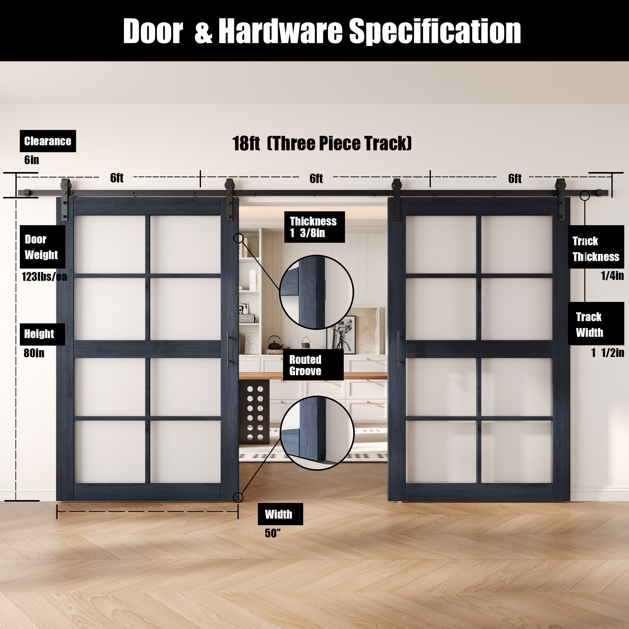 80" Height Navy 8-Lite Frosted Glass Double Unassembled & Finished Pine Wood Barn Doors with Non-Bypass Installation Hardware Kit (Interior Use Only)