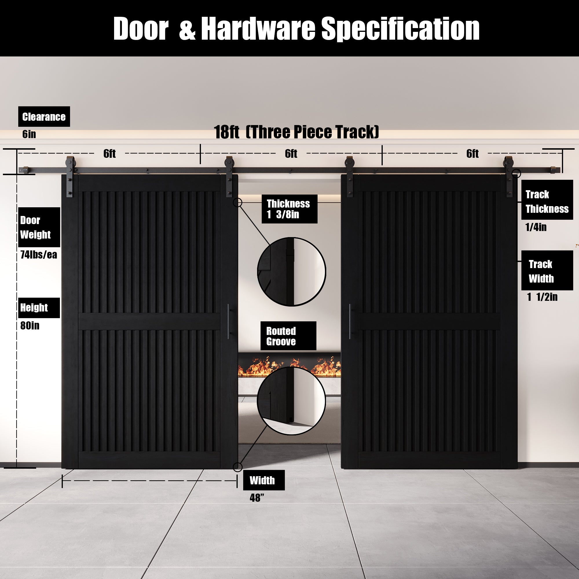 80" Height Black Vertical Stripe Design Unassembled & Finished Double Pine Wood Barn Door with Non-Bypass Installation Hardware Kit(Interior Use Only)