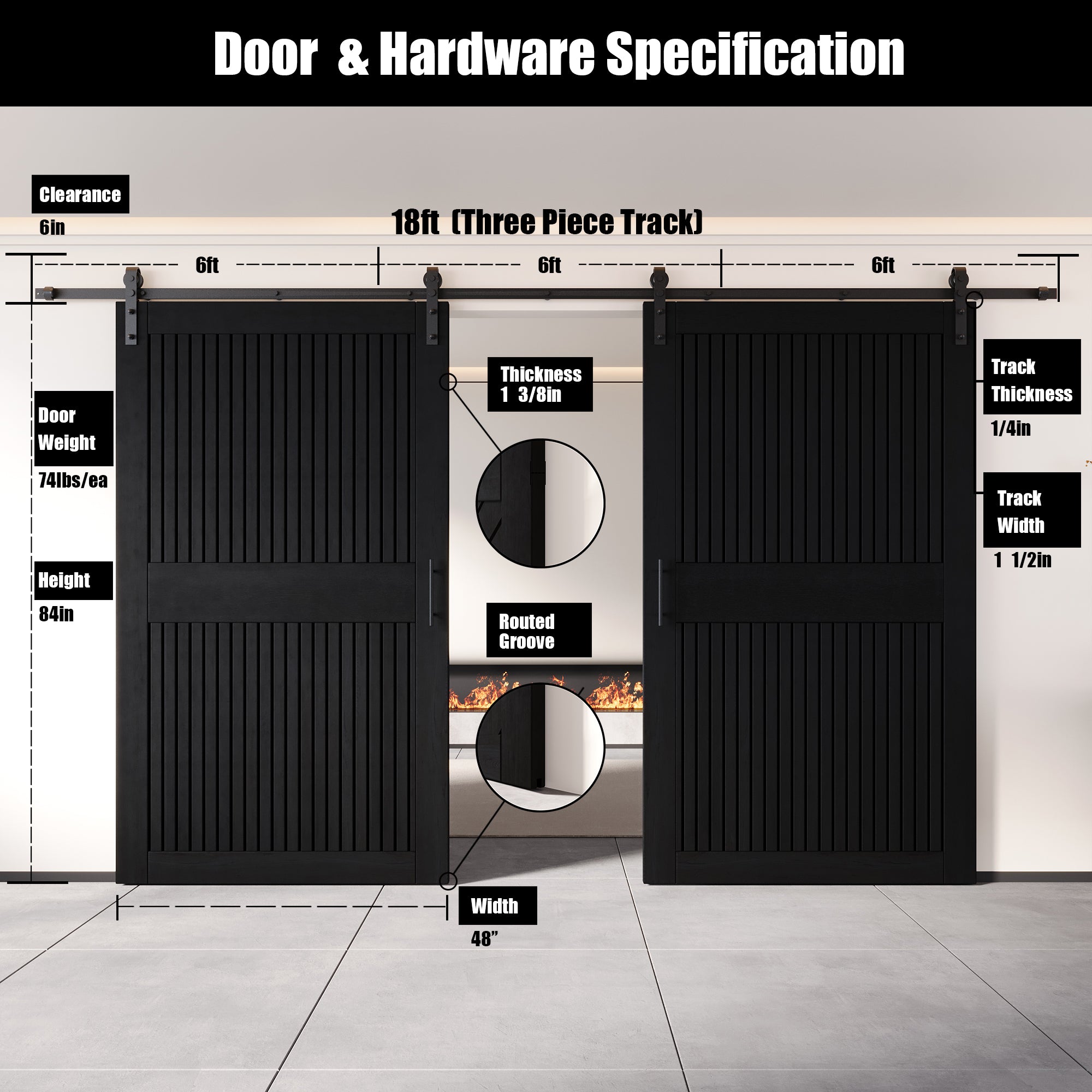 84" Height Black Vertical Stripe Design Unassembled & Finished Double Pine Wood Barn Door with Non-Bypass Installation Hardware Kit(Interior Use Only)