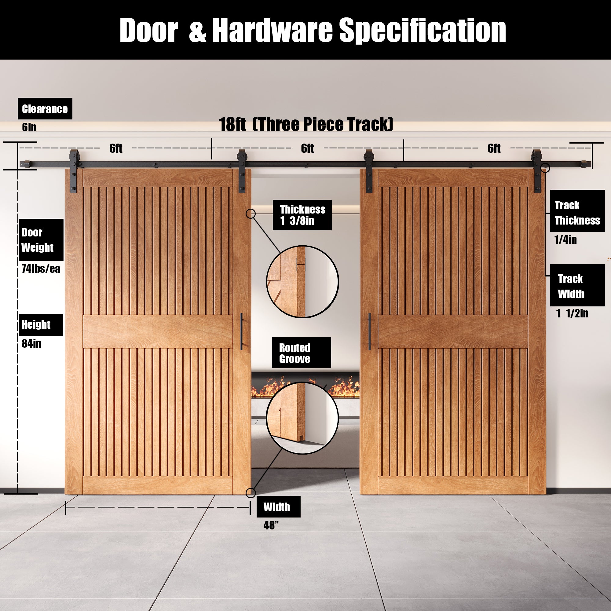 84" Height Early American Vertical Stripe Design Unassembled & Finished Double Pine Wood Barn Door with Non-Bypass Installation Hardware Kit(Interior Use Only)