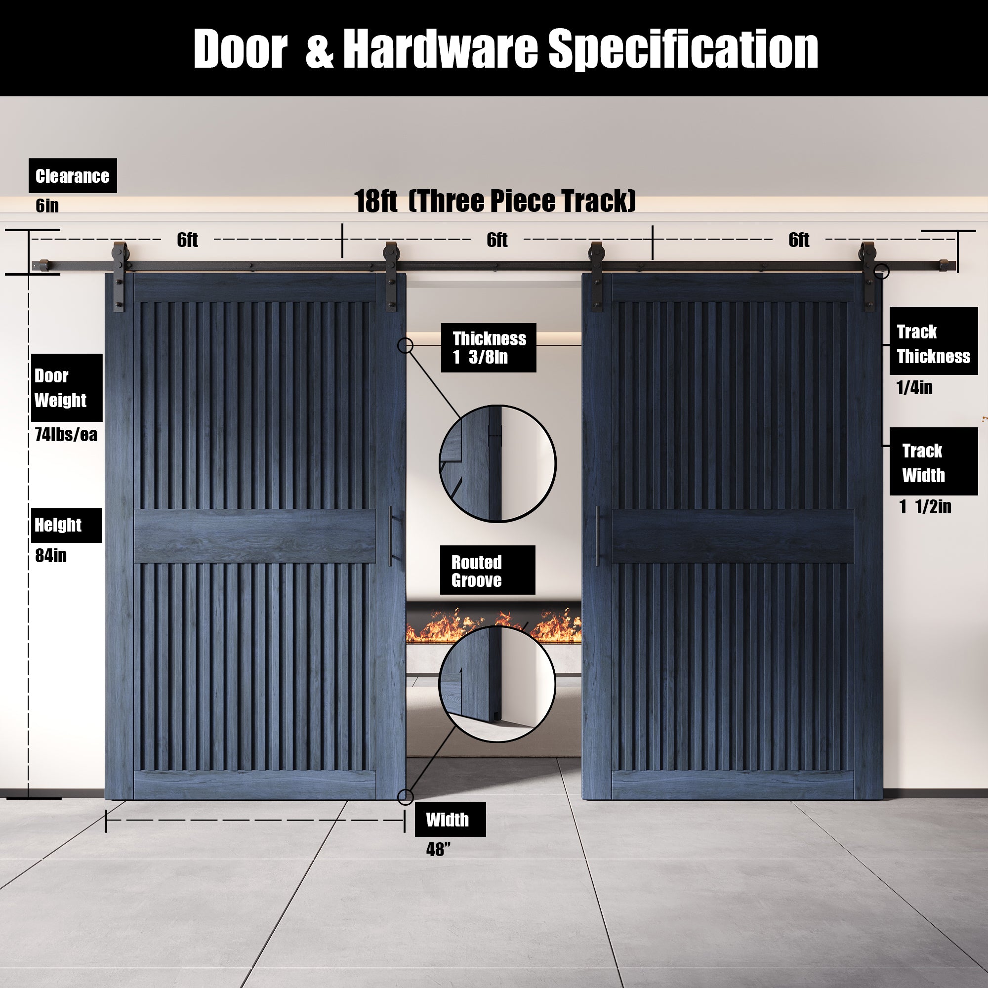 84" Height Navy Vertical Stripe Design Unassembled & Finished Double Pine Wood Barn Door with Non-Bypass Installation Hardware Kit(Interior Use Only)