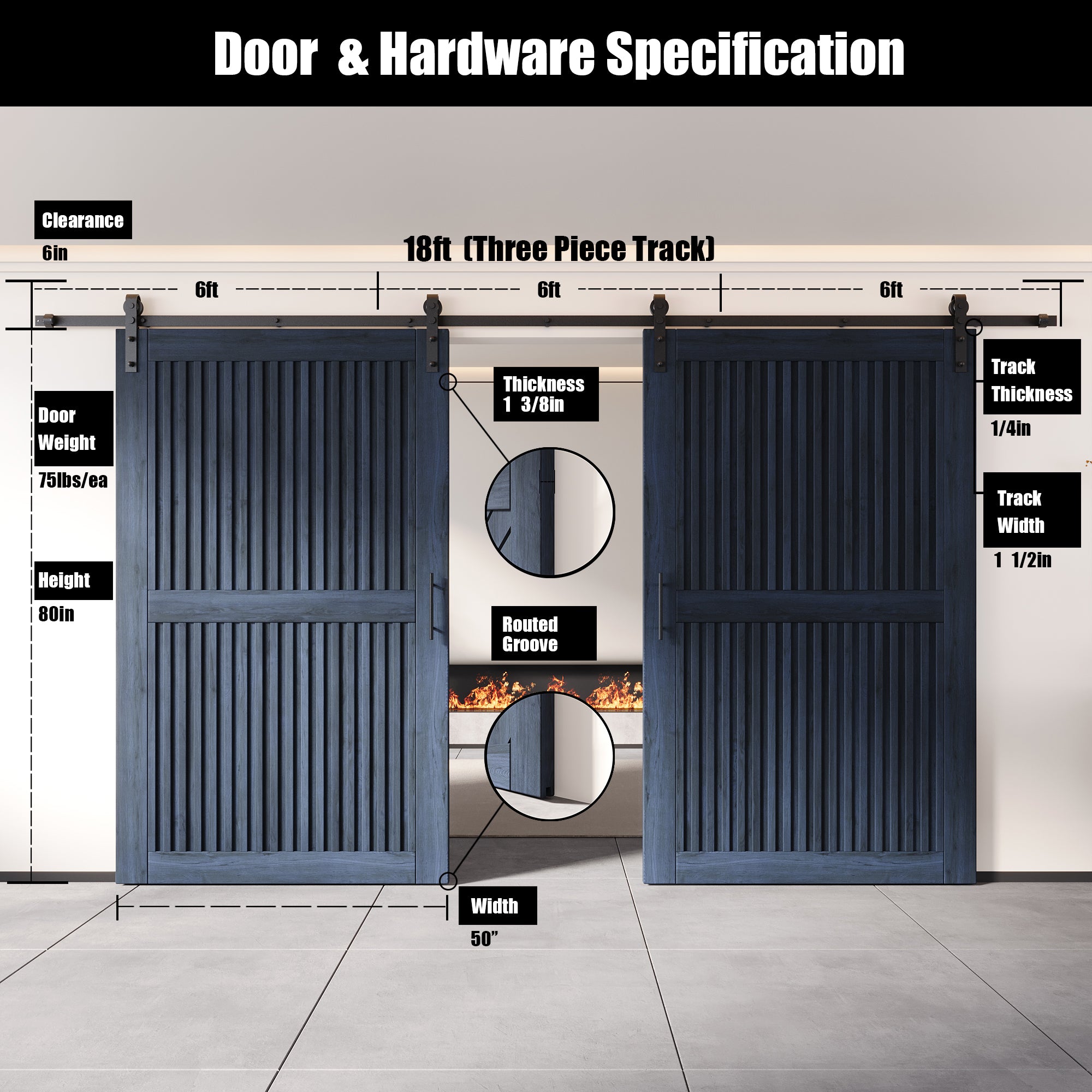 80" Height Navy Vertical Stripe Design Unassembled & Finished Double Pine Wood Barn Door with Non-Bypass Installation Hardware Kit(Interior Use Only)