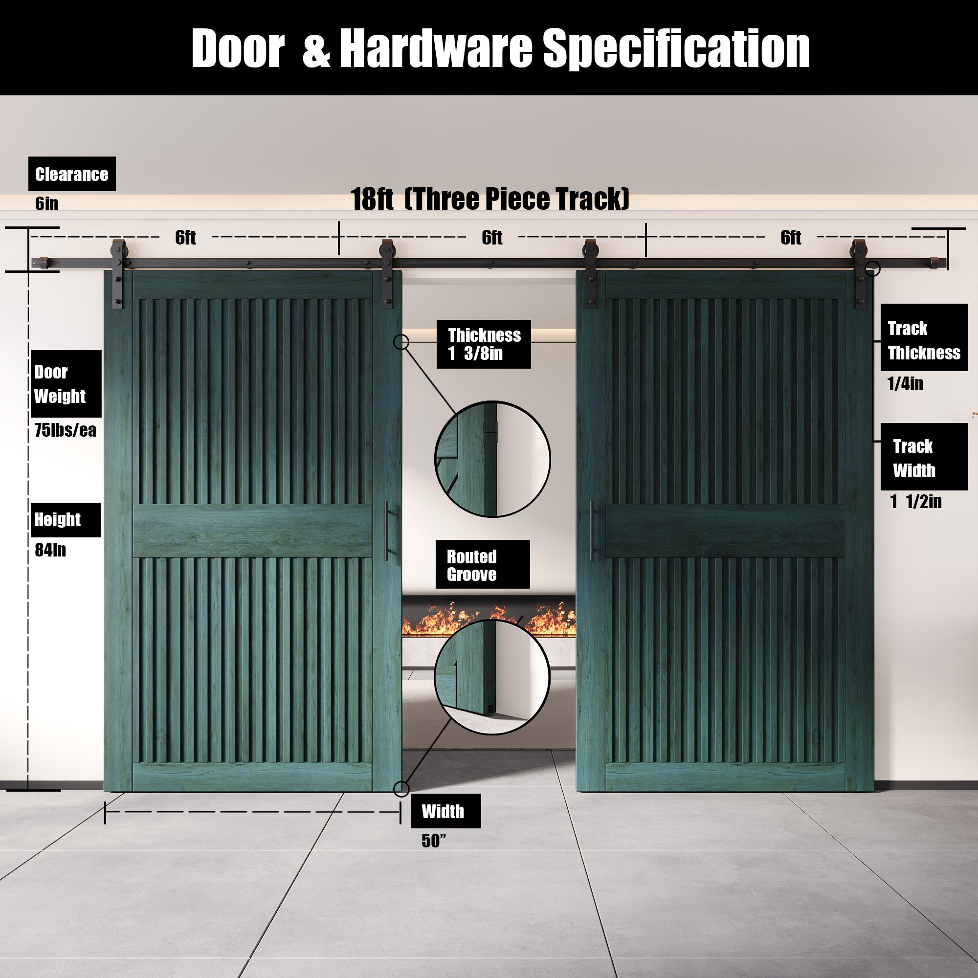84" Height Royal Pine Vertical Stripe Design Unassembled & Finished Double Pine Wood Barn Door with Non-Bypass Installation Hardware Kit(Interior Use Only)