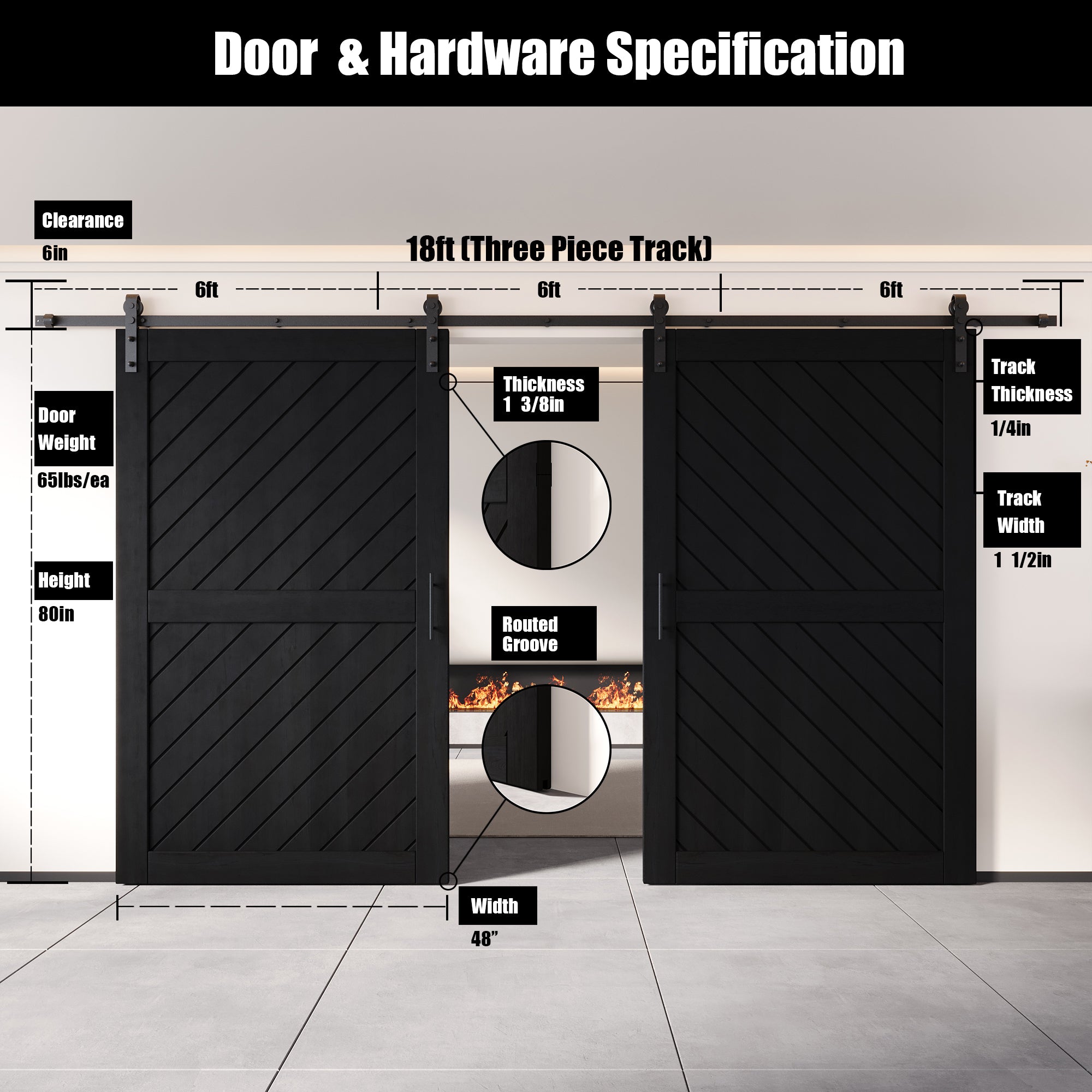 Interior-use black double pine barn door, finished