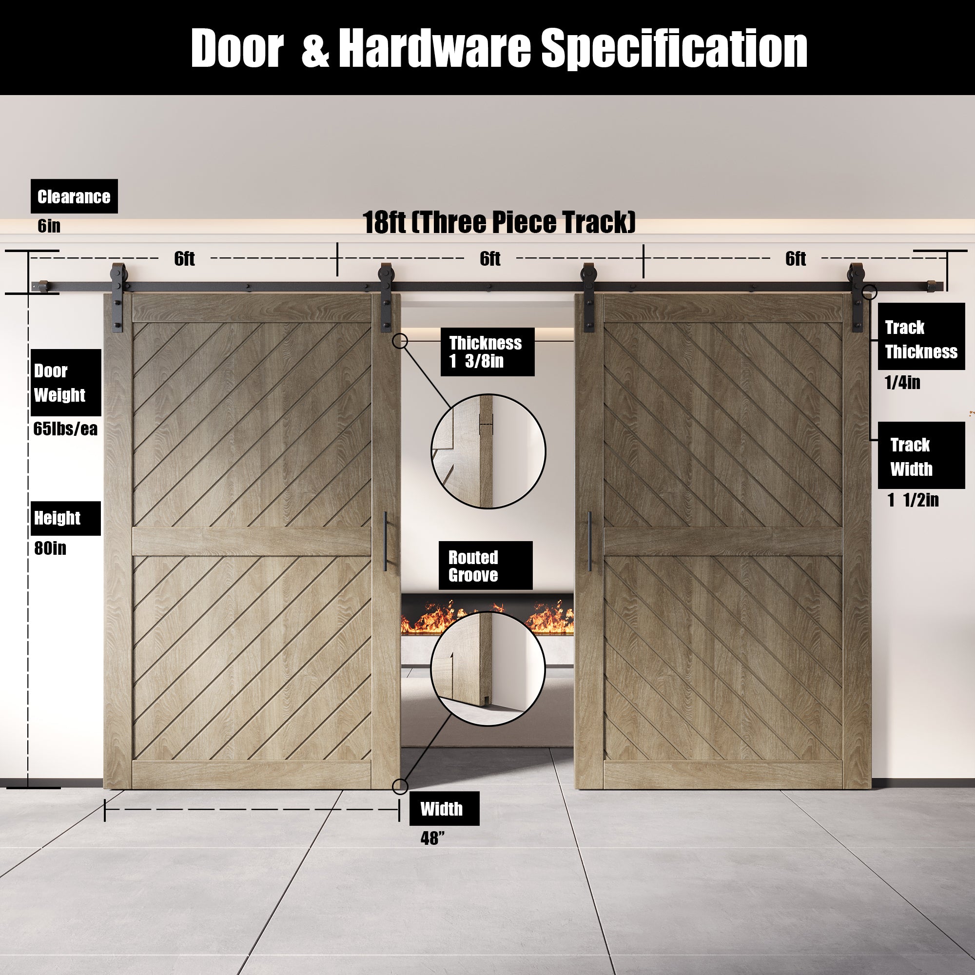slanted stripe design classic gray double barn door, 80 inches