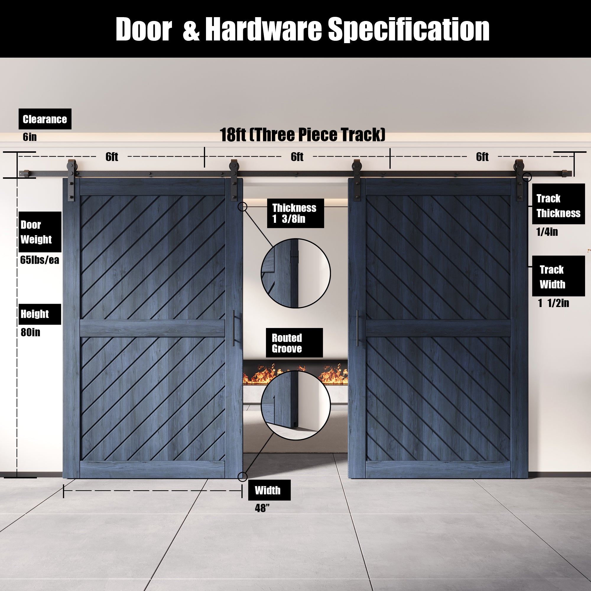 navy double barn door, 80-inch, non-bypass installation