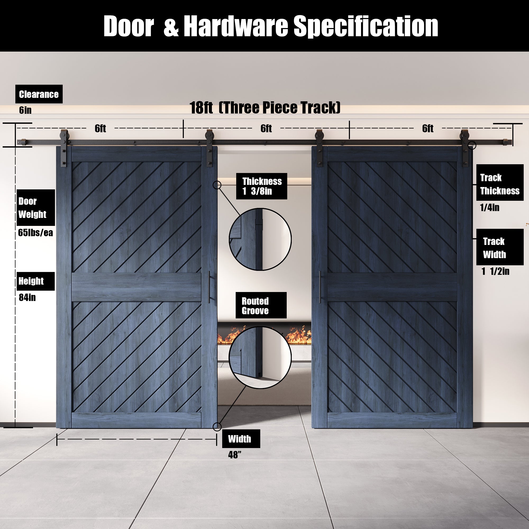 84" Height Navy Slanted Stripe Design Unassembled & Finished Double Pine Wood Barn Door with Non-Bypass Installation Hardware Kit(Interior Use Only)