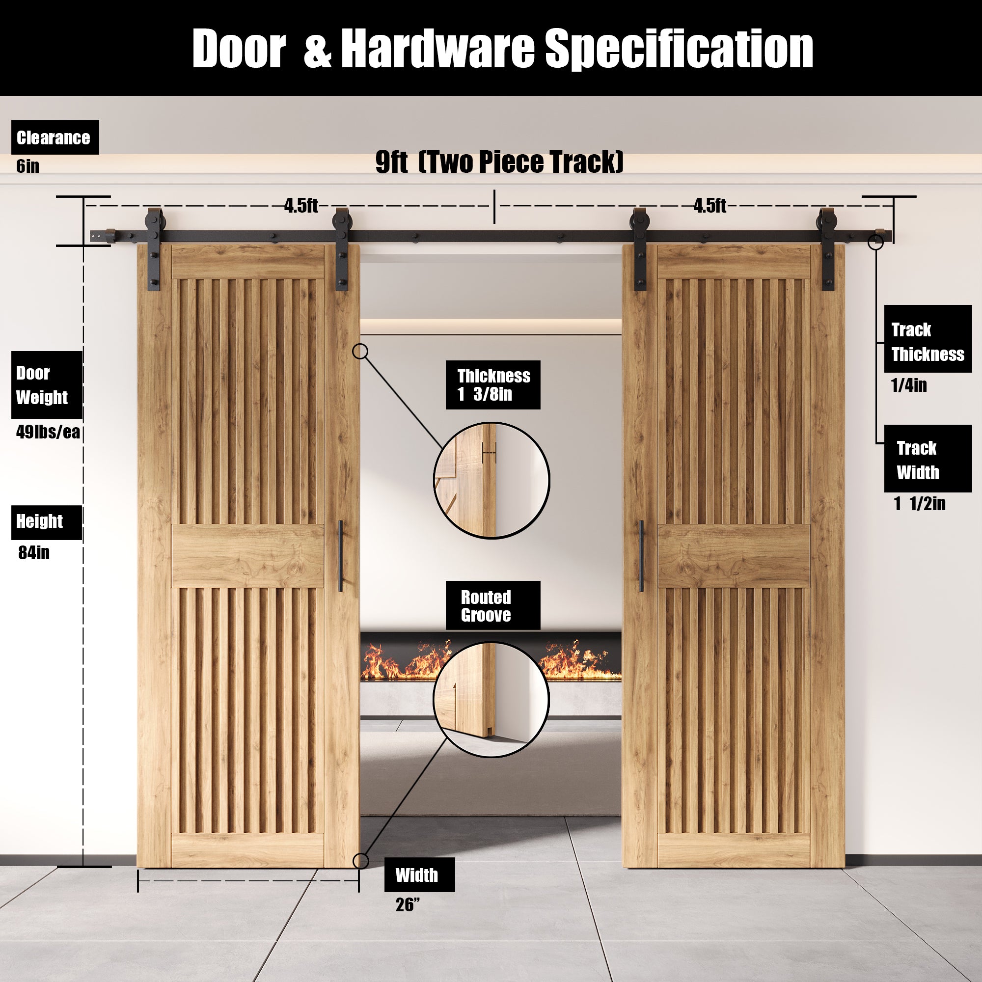 84" Height Vertical Stripe Design Unassembled & Unfinished Double Pine Wood Barn Door with Non-Bypass Installation Hardware Kit (Interior Use Only)