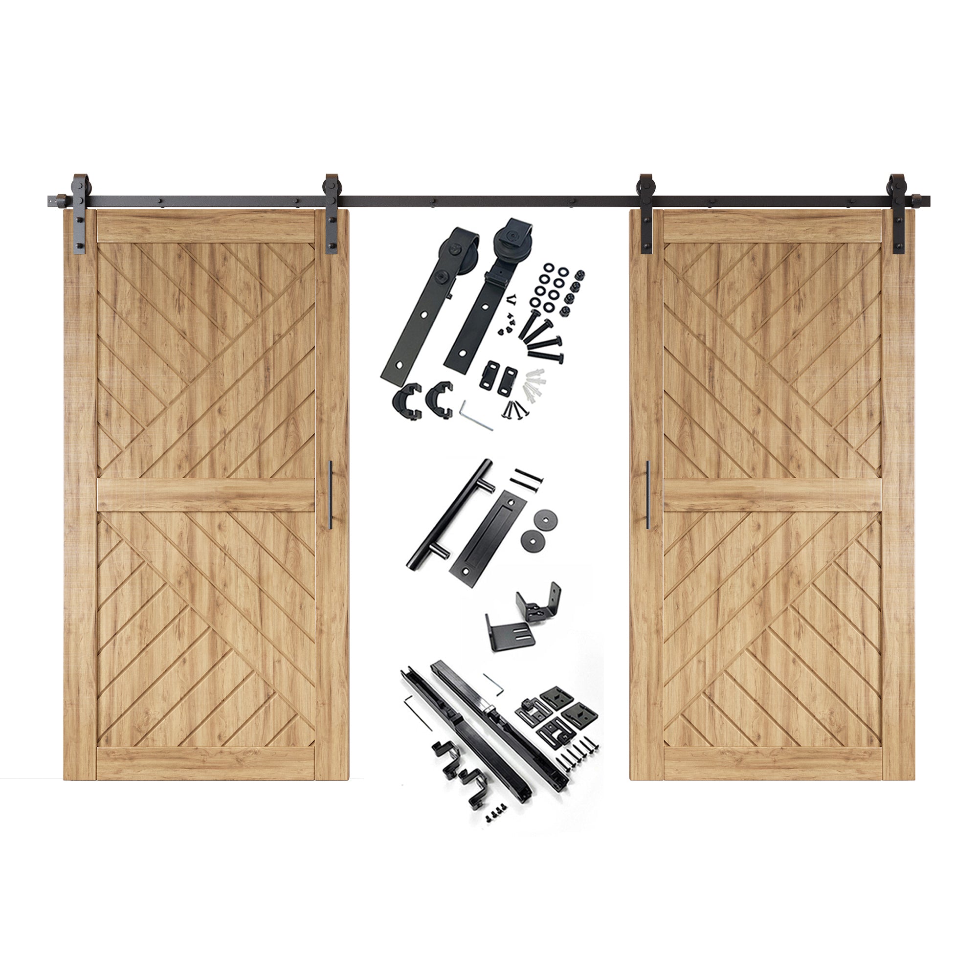 80" Height Geometric Design Unassembled & Unfinished Double Pine Wood Barn Door with Non-Bypass Installation Hardware Kit(Interior Use Only)