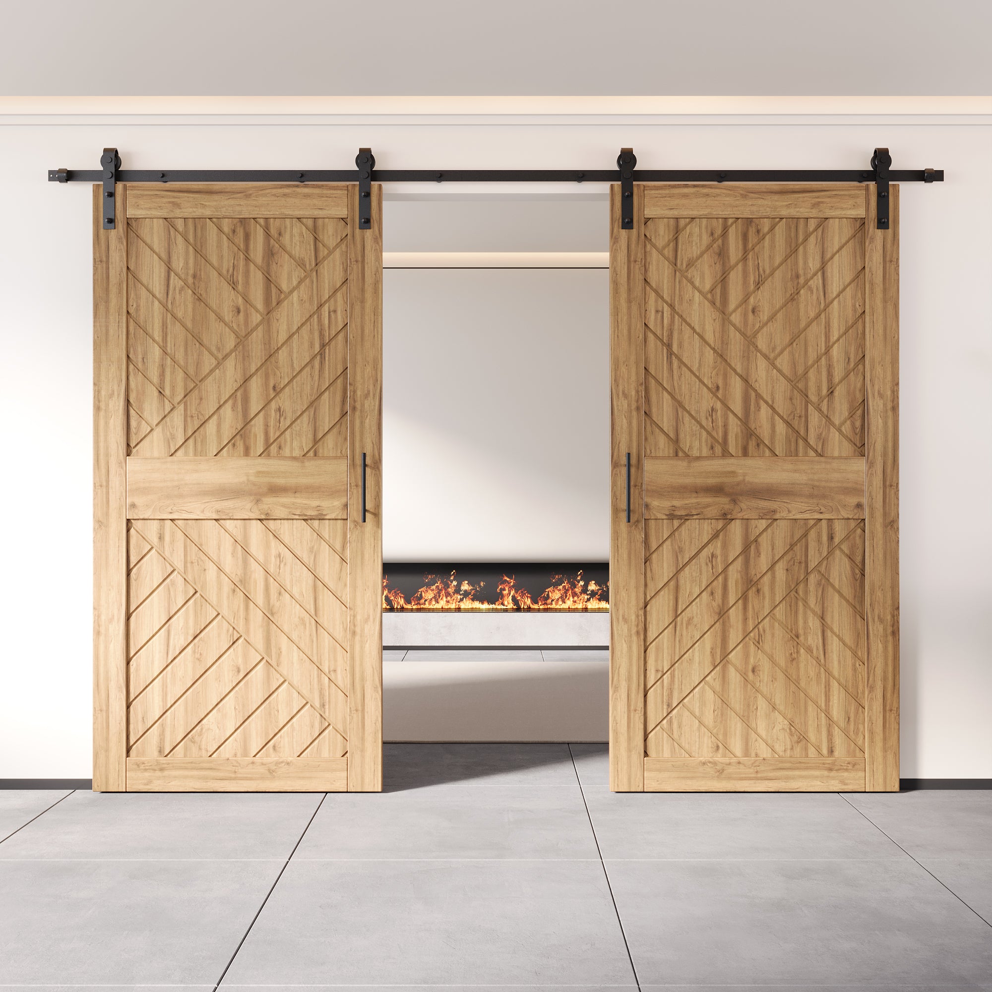 84" Height Geometric Design Unassembled & Unfinished Double Pine Wood Barn Door with Non-Bypass Installation Hardware Kit(Interior Use Only)