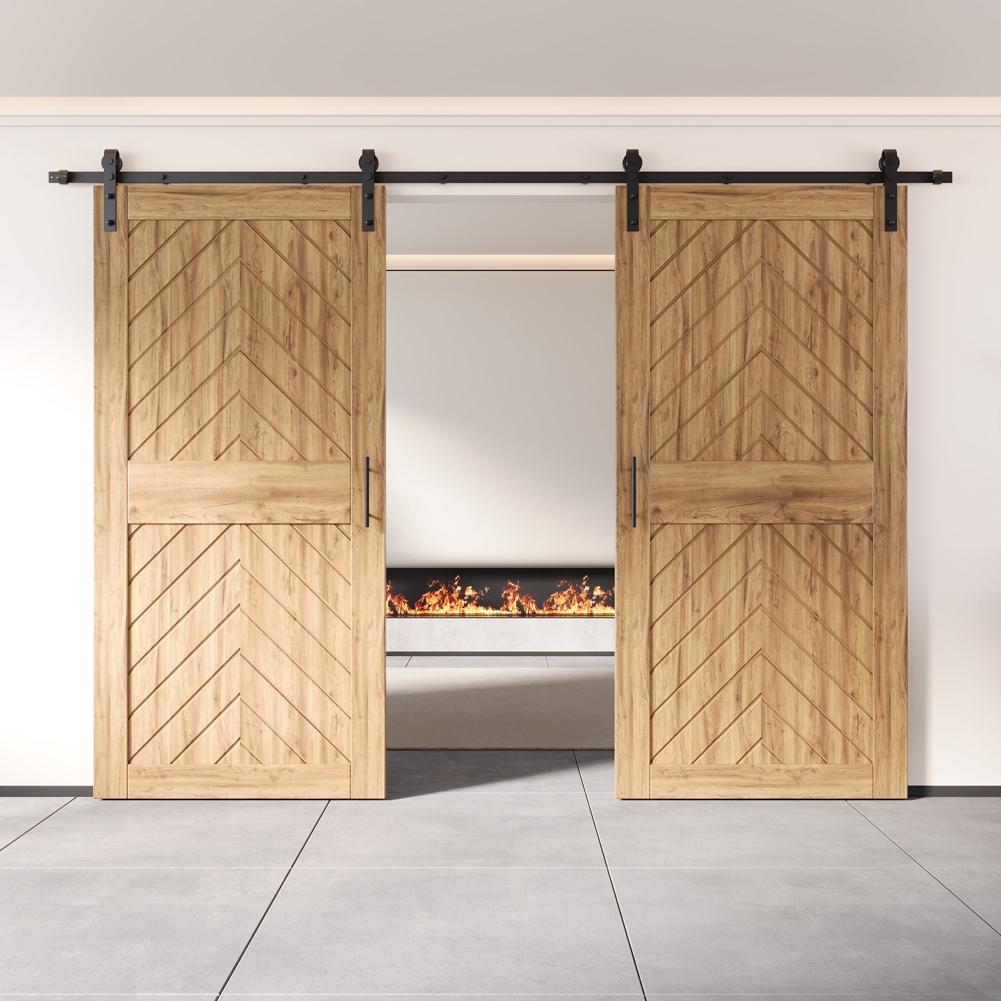 unfinished barn doors fishbone design, with black single track non-bypass hardware kit