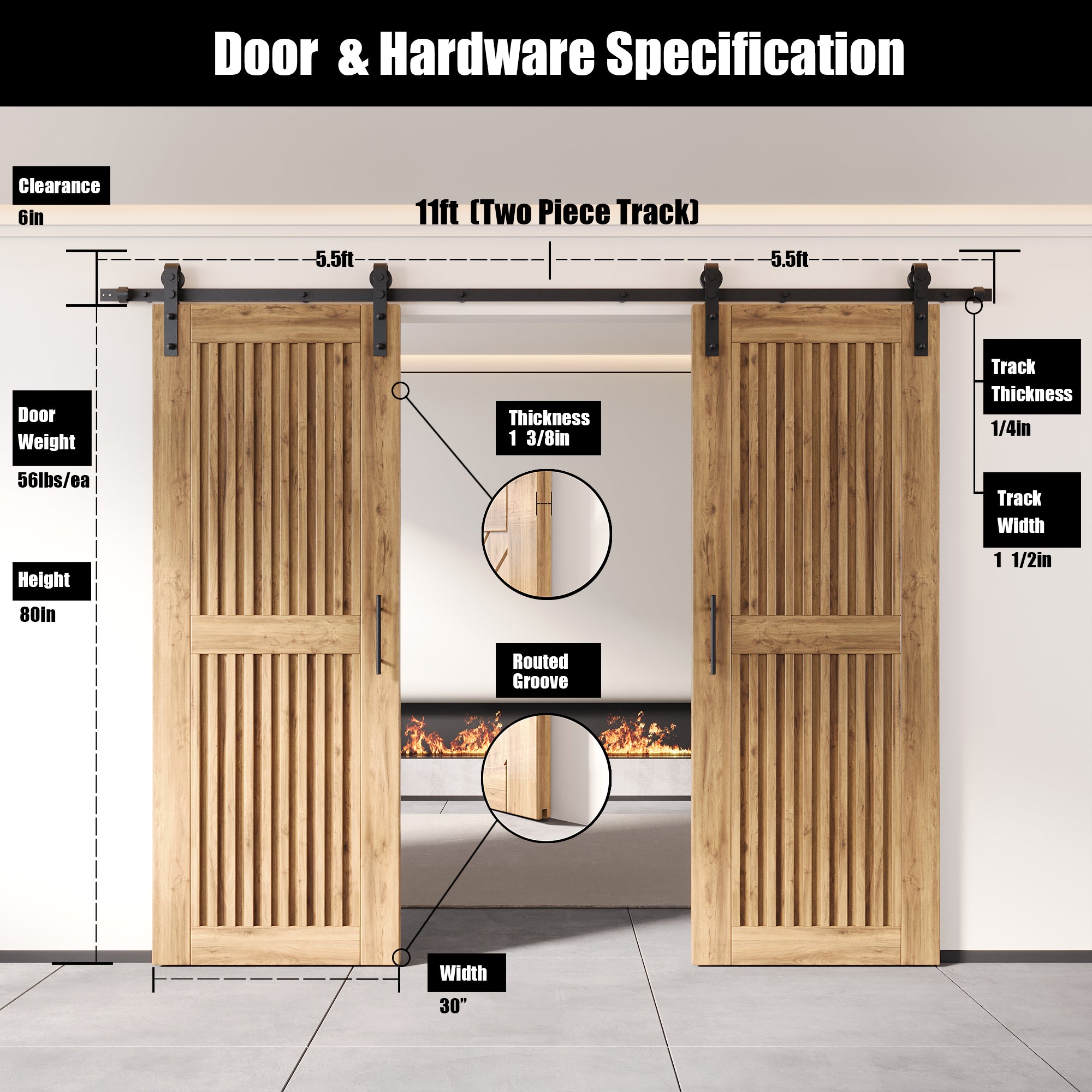 80" Height Vertical Stripe Design Unassembled & Unfinished Double Pine Wood Barn Door with Non-Bypass Installation Hardware Kit(Interior Use Only)