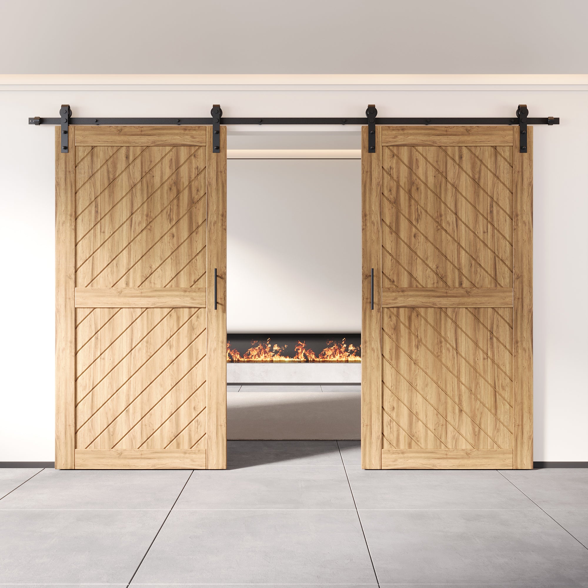 unassembled double pine barn door, slanted stripe design