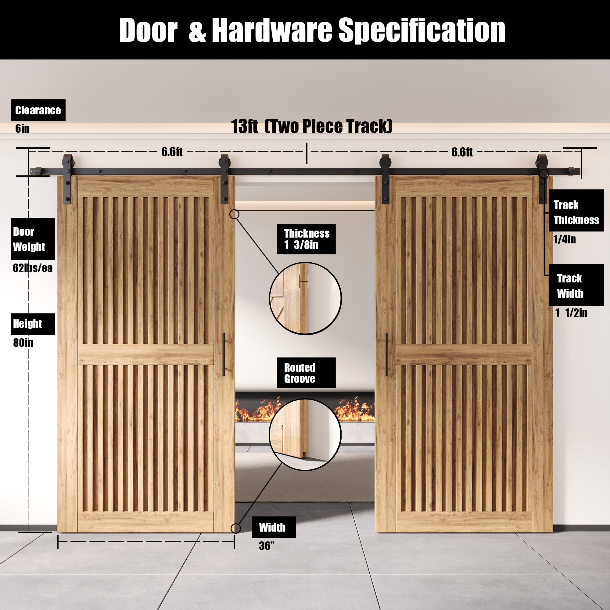 80" Height Vertical Stripe Design Unassembled & Unfinished Double Pine Wood Barn Door with Non-Bypass Installation Hardware Kit(Interior Use Only)