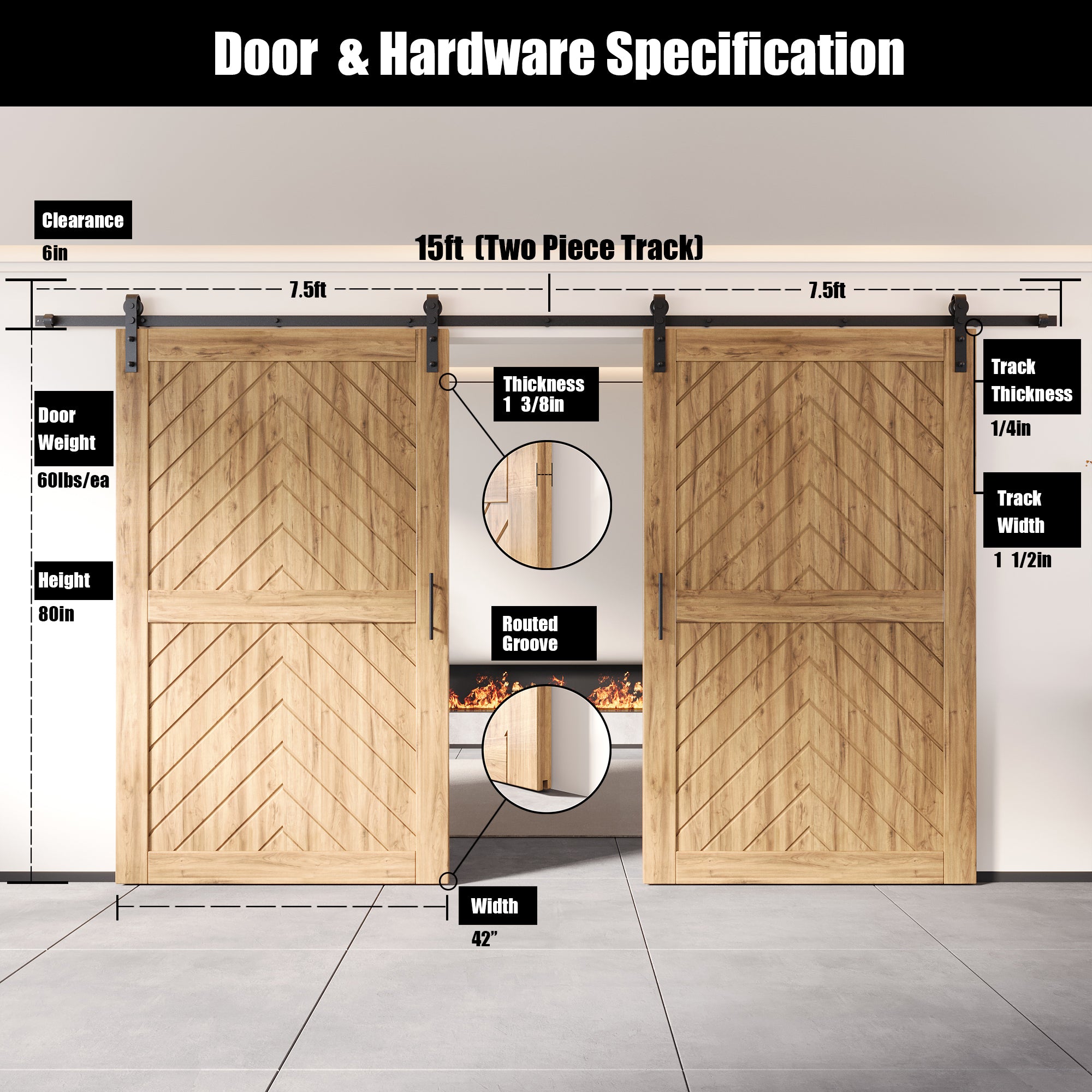 80" Height Fishbone Design Unassembled & Unfinished Double Pine Wood Barn Door with Non-Bypass Installation Hardware Kit(Interior Use Only)