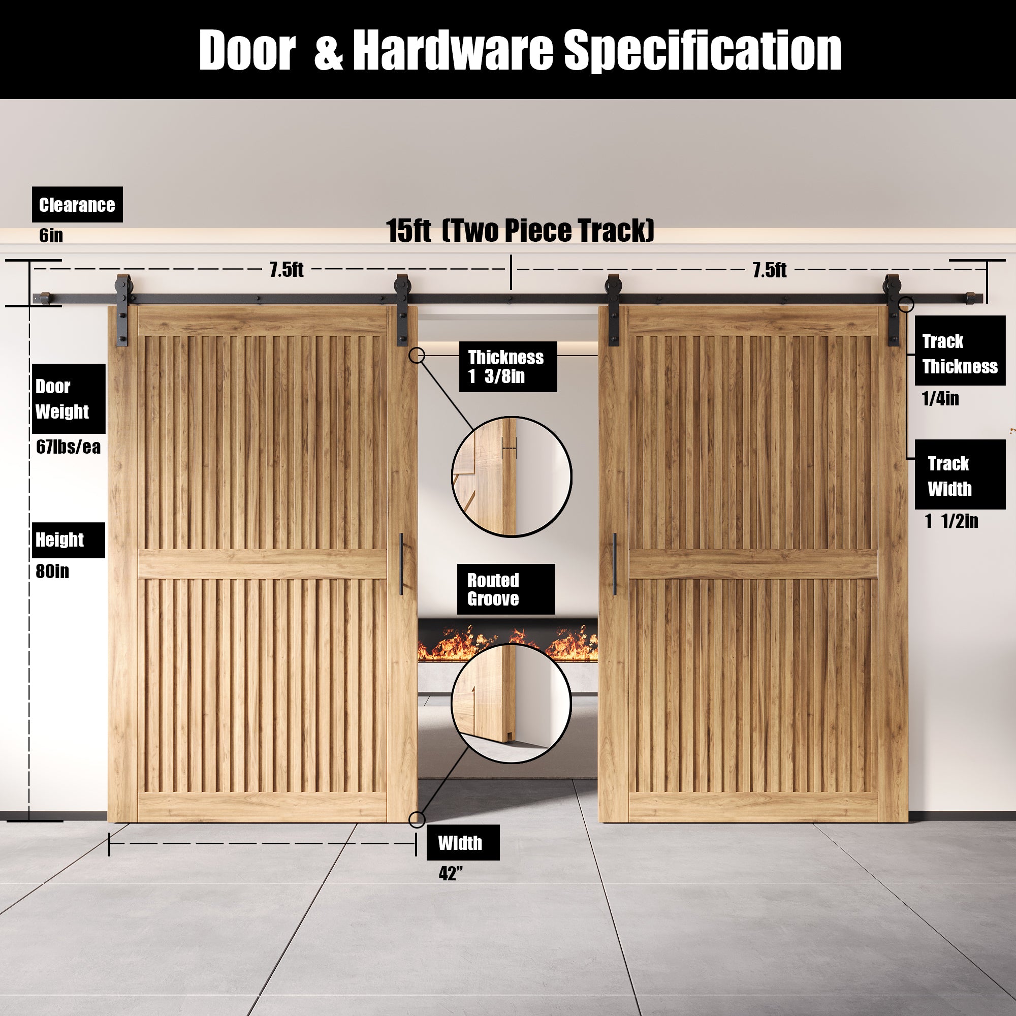 80" Height Vertical Stripe Design Unassembled & Unfinished Double Pine Wood Barn Door with Non-Bypass Installation Hardware Kit(Interior Use Only)