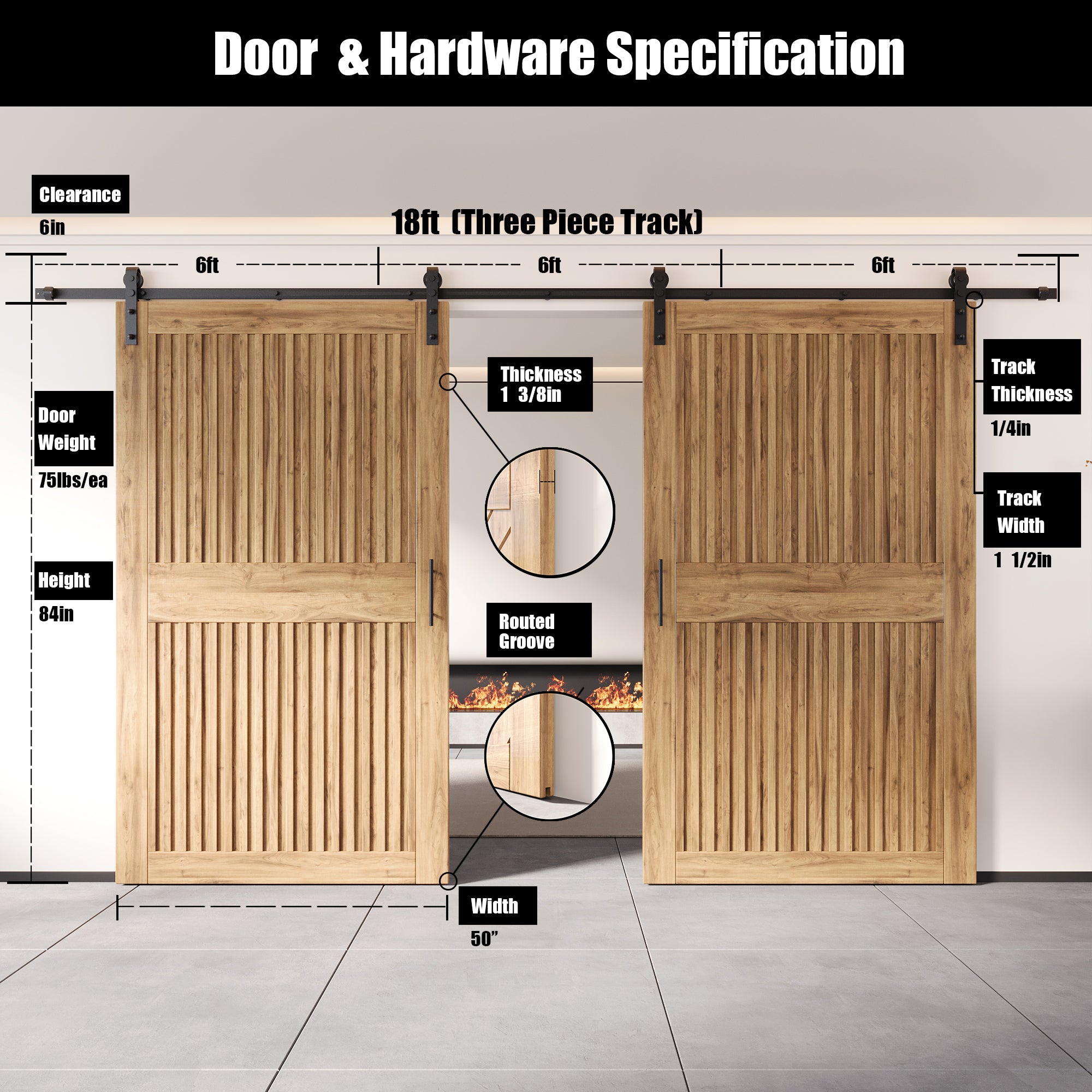84" Height Vertical Stripe Design Unassembled & Unfinished Double Pine Wood Barn Door with Non-Bypass Installation Hardware Kit (Interior Use Only)