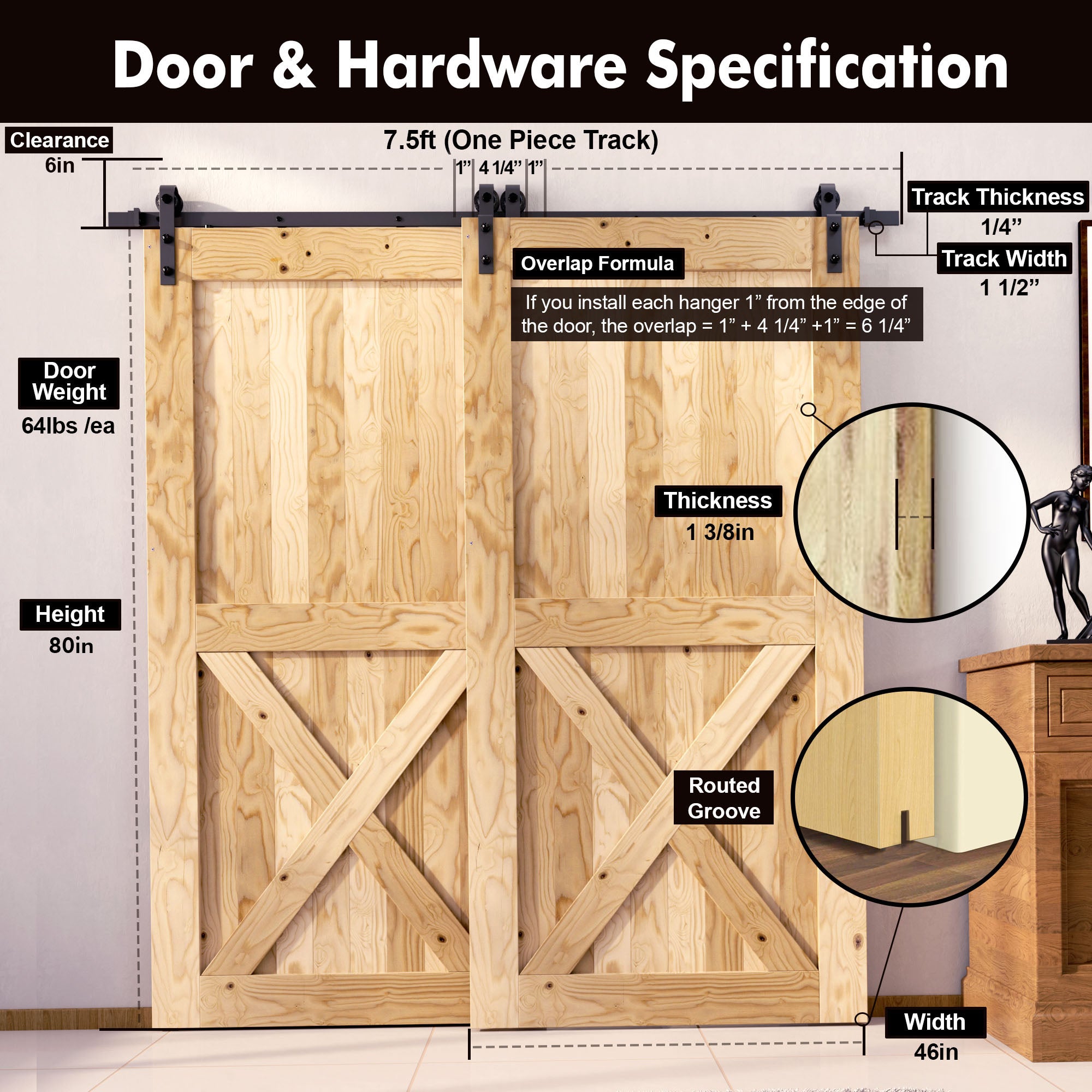 5-in-1 80In Double Barn Door with Single Track Bypass Installation Hardware Kit