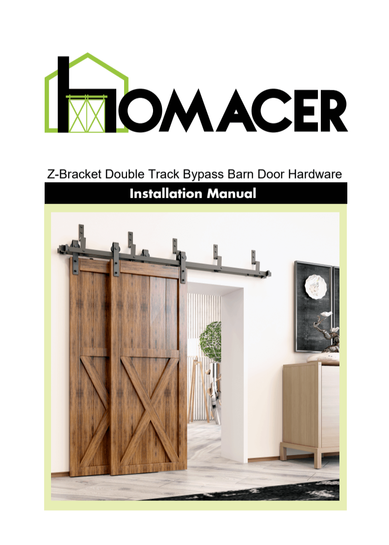 Homacer Z-Bracket Double Track Bypass Barn Door Hardware installation manual cover with a wooden barn door.